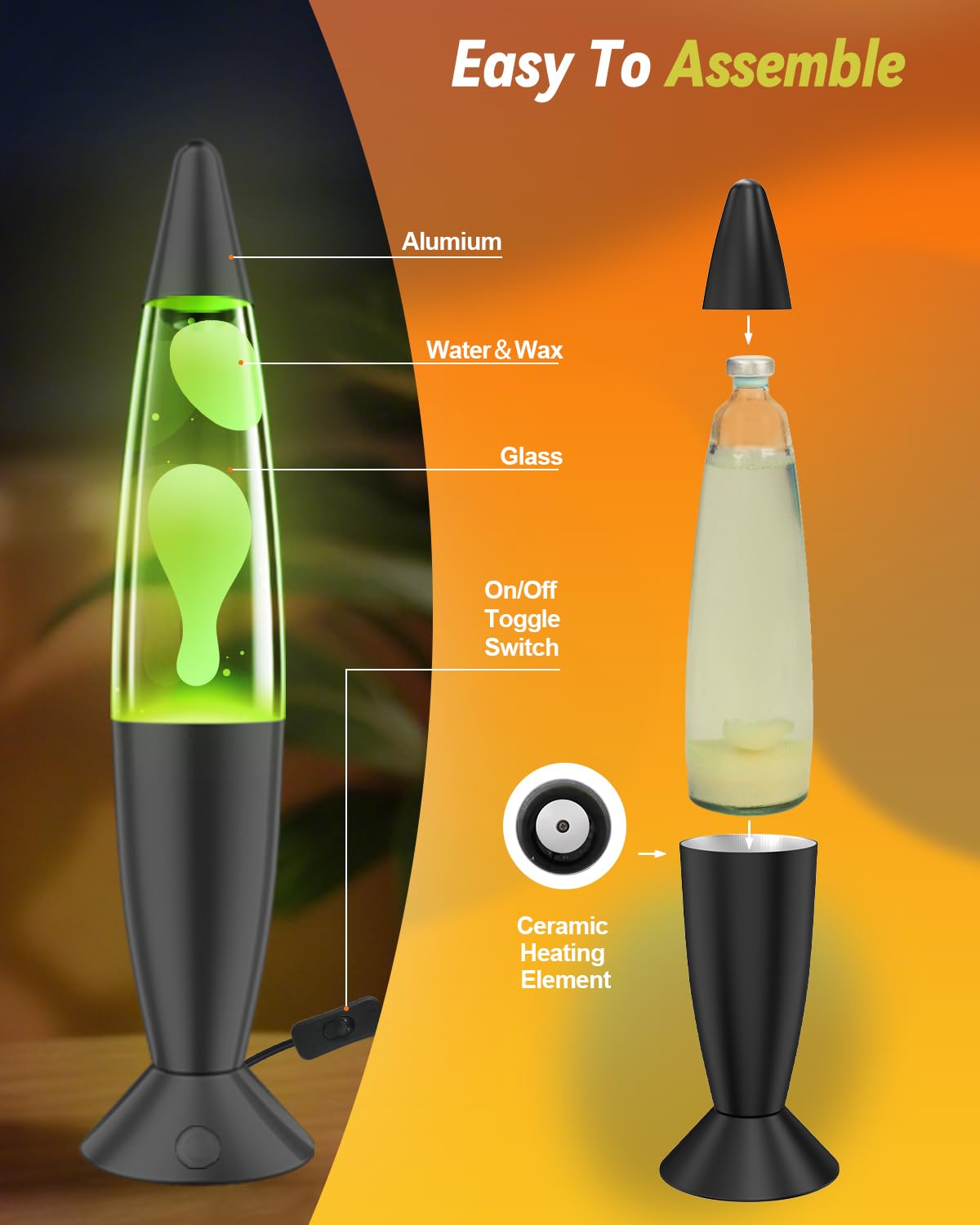 AONESY Lampe à lave pour enfants avec 17 changements de couleur : Grande lampe à lave pour la gestion du stress et la relaxation | Grandes lampes à lave noir or | Lampe à paillettes à intensité