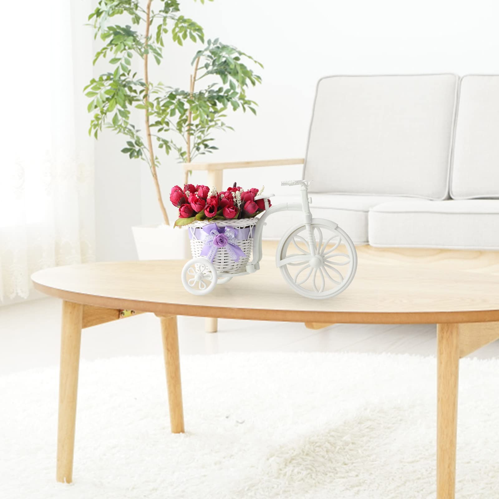 Nostalgic Bicycle Artificial Rose Flower Plant Stand Basket Decoration Creative Desktop Floral Personalized Fake Rose Arrangements for Home Tabletop Centerpieces Wedding Party Decor (White - Image 6