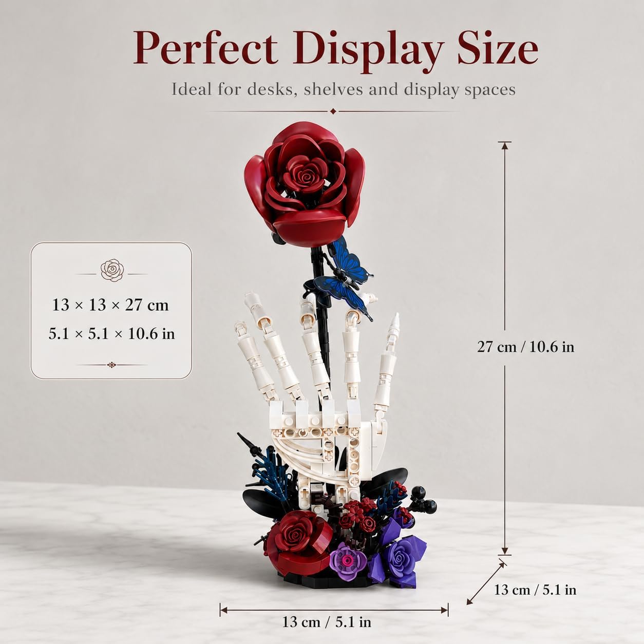 Gothic Rose Building Set, Skeleton Hand Brick Model Kit with Crimson Red Rose, Collectible Dark Fantasy Desk Decor Display Model for Halloween