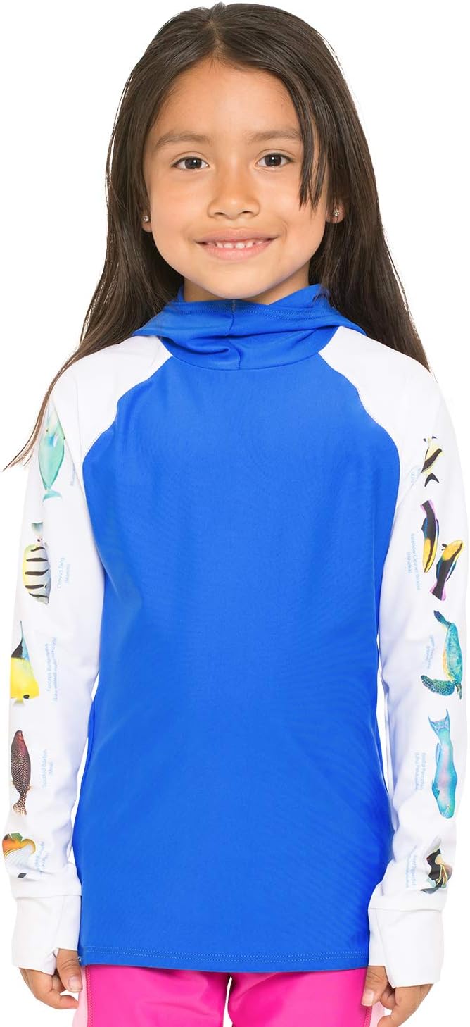 Tuga Girls Snorkel Hooded Rashguard, Caribbean Fish ID, UPF 50+, USA Made
