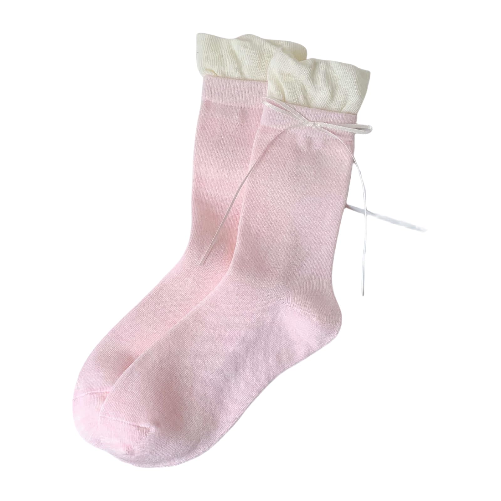 Xjdzineq Aesthetic Sweet Ribbon Bowknot Accent Middle Tube Socks Japanese Contrast Color Ruffle Top Patchwork Calf Ballet Styles