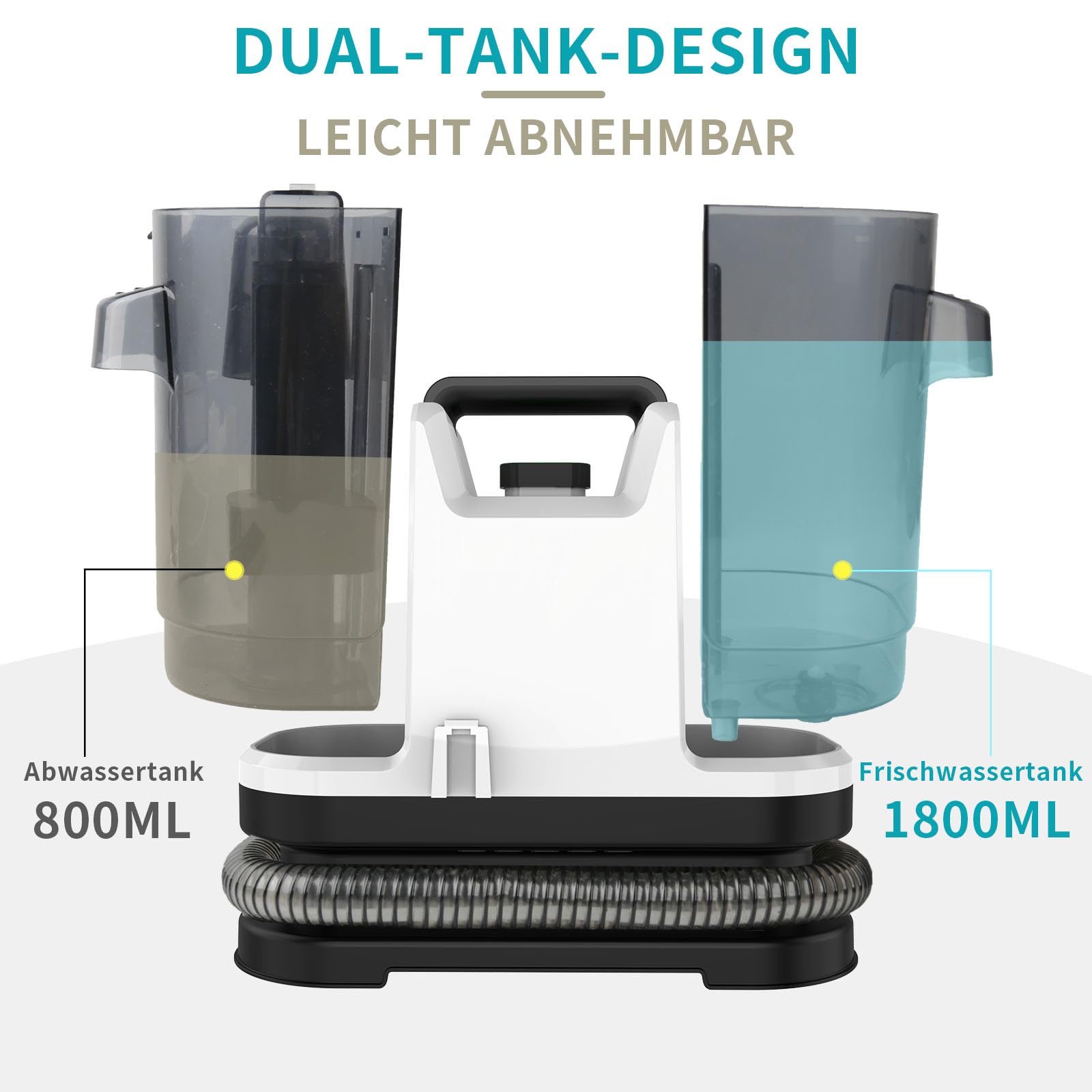 Limpiador de Tapicerias 500W 12,5 KPa, Aspiradora de Agua Tapiceria con Gran Depósito Extraíble de 1,8L de Agua Limpia y 0,8L de Agua Residual, Maquina Limpiar Tapicerias Coche Sofa Carpet (Negro)