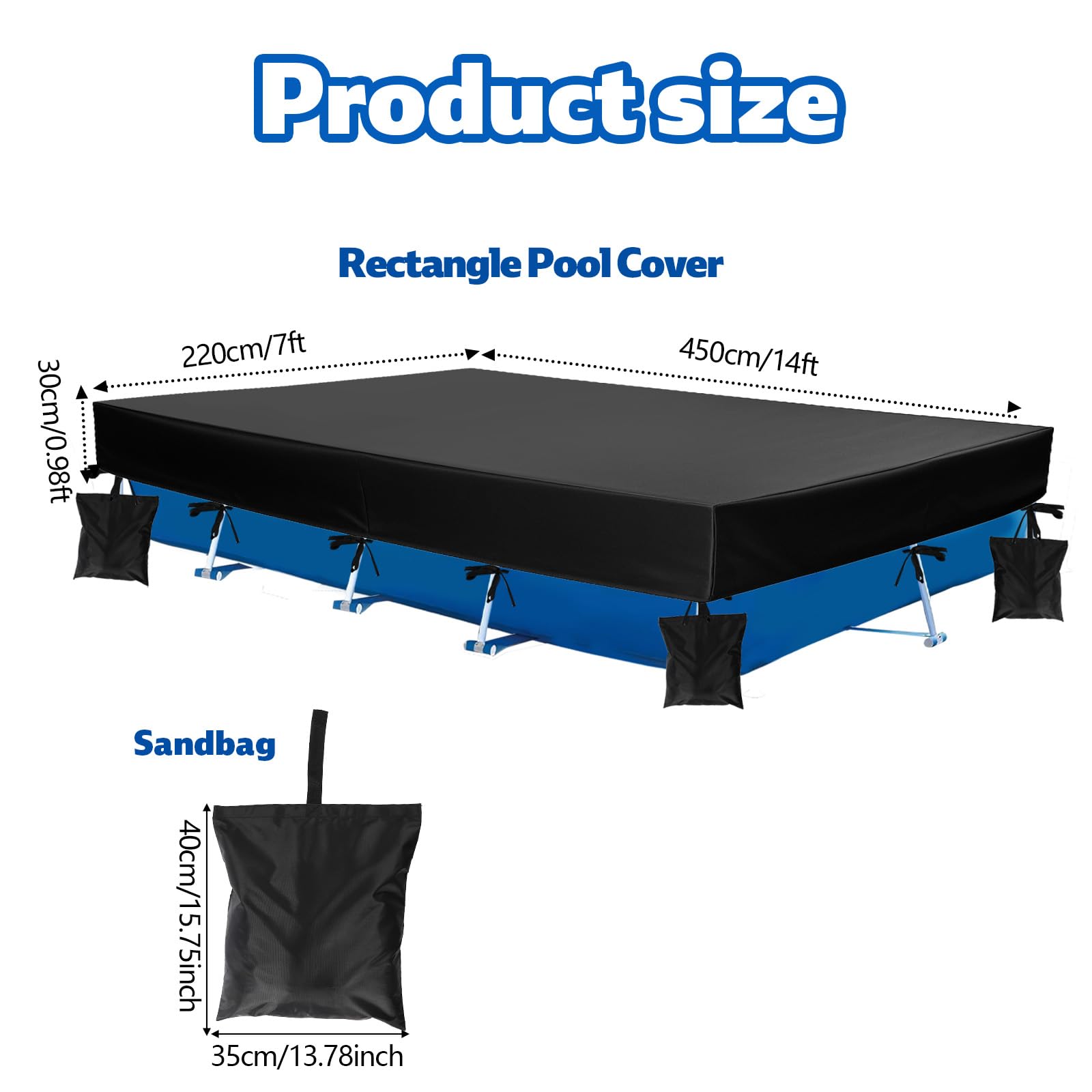 450x220x30cm Cubierta de Piscina Rectangular para Piscinas Elevadas, Resistente de Tela Oxford 210D Cubierta Incluye 4 Sacos Arena y 1 Bolsa Almacenamiento