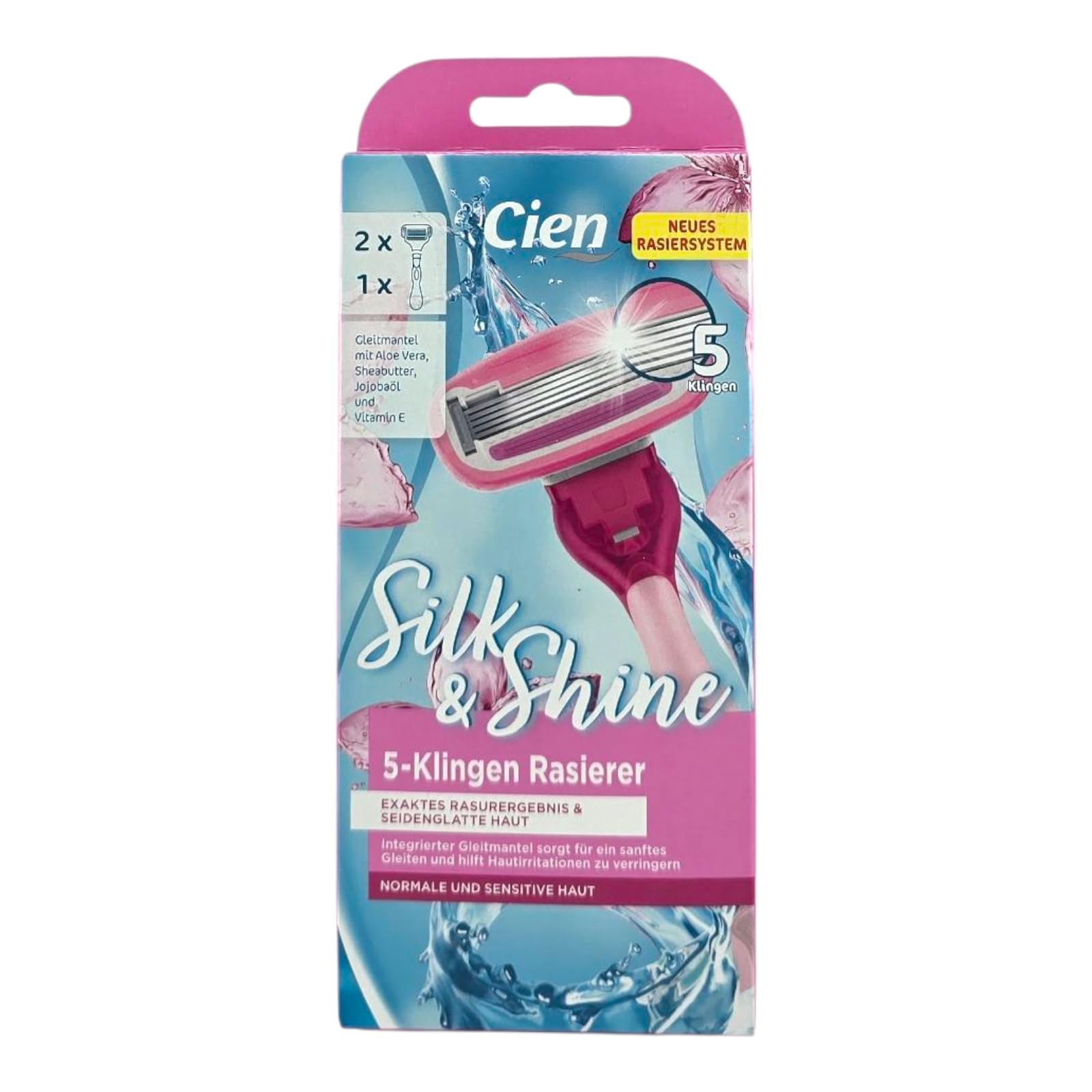 Cien Silk & Shine Damenrasierer Set,Komplettset mit 1 Griff & 6 Ersatzklingen (5-Klingen-System), mit Aloe Vera & Sheabutter für empfindliche Haut