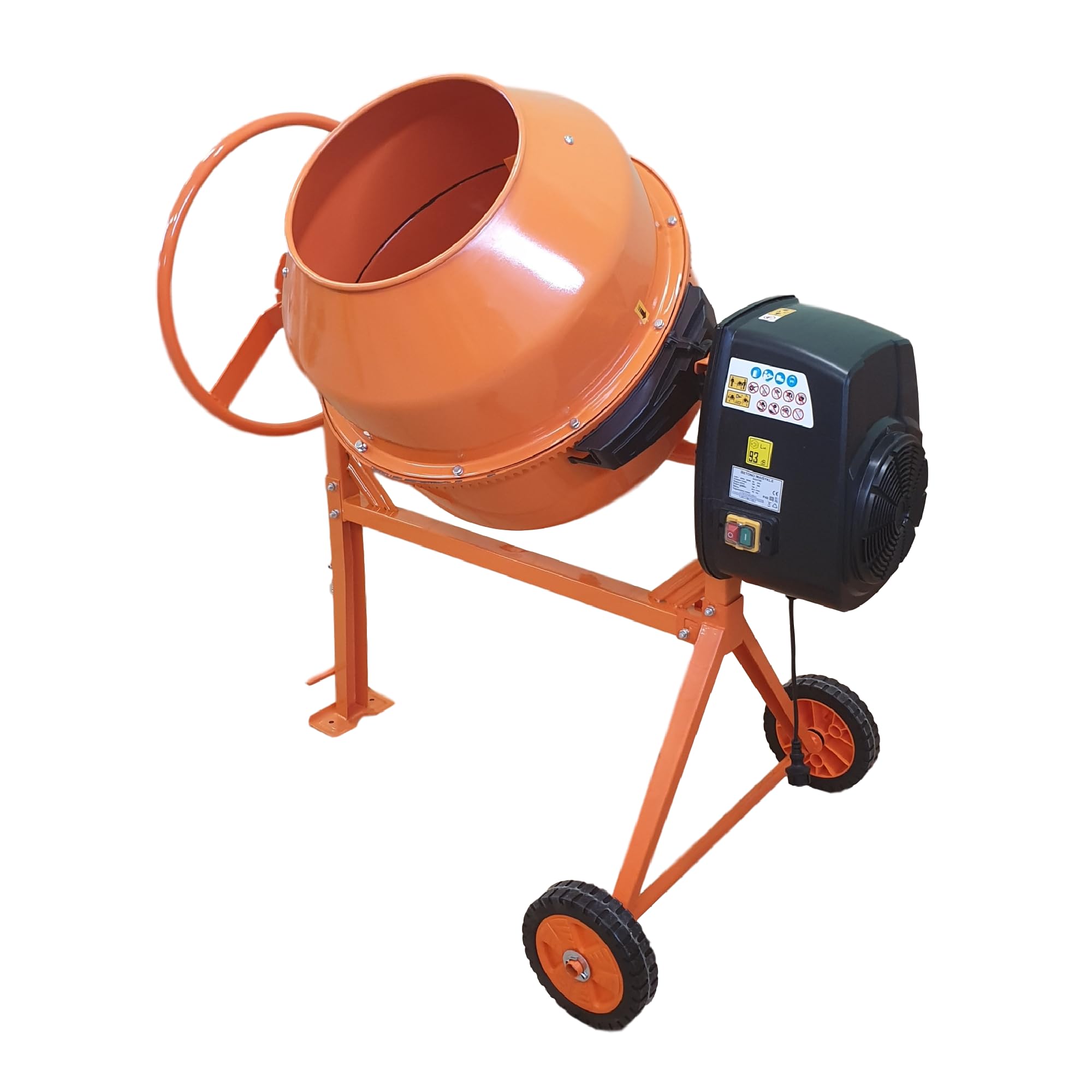 Betonmischer BAU200, 200L Trommel, 1050W Motor, Orange, Stahlrahmen mit Metall-Zahnkranz, Kunststoffräder, Kipp-Handrad
