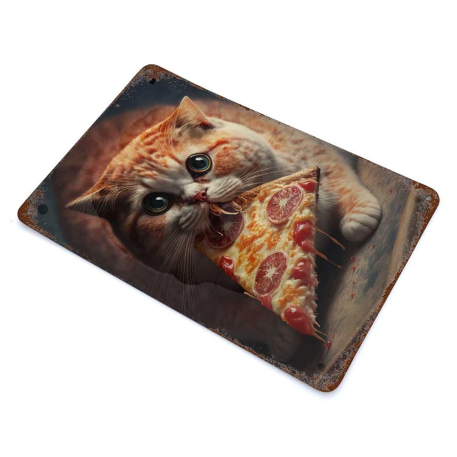 Funny Cat Eating Pizza Decorative Tin Sign 11.8"x7.9", Rustic Home Decor for Garage, Pub Or Kitchen