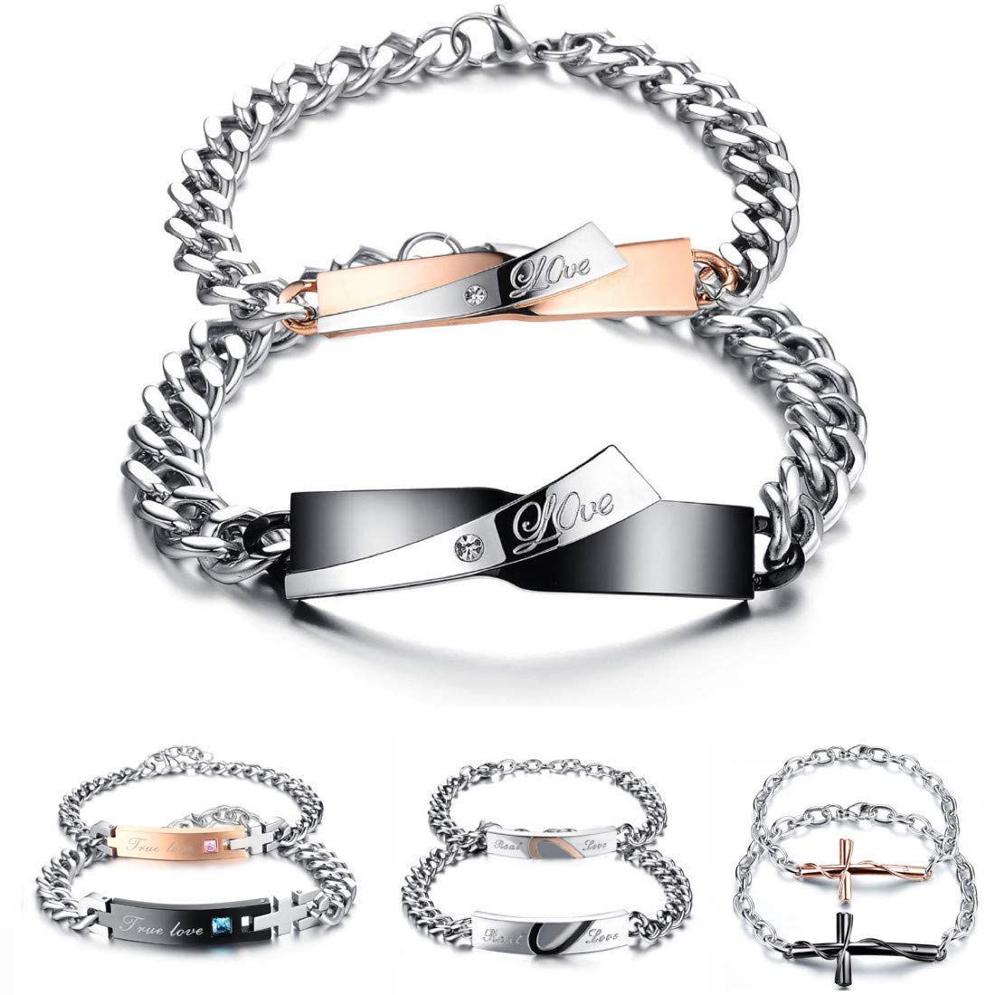 Kim Johanson Pulseras de acero inoxidable para parejas, varios diseños y colores, en oro rosa, oro y plata, pulsera de la amistad, regalo, joyas para parejas, incluye bolsa de joyería, 16 centimeters,
