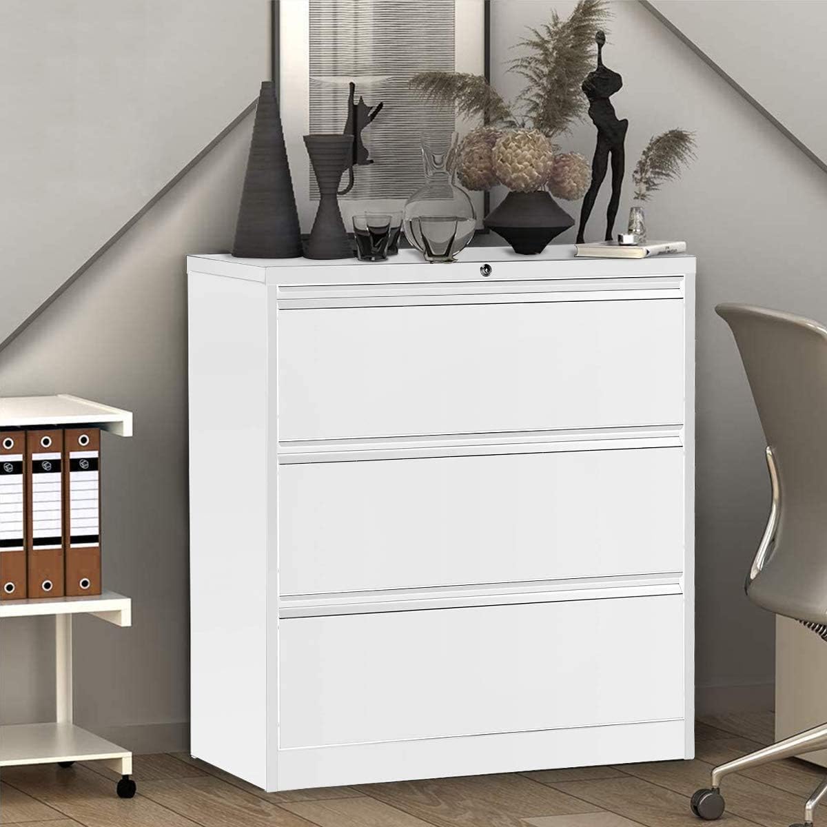 Storage Cabinet Lateral File Cabinet Metal Cabinet with Lock and Hanging Bars Storage Cabinet (White)