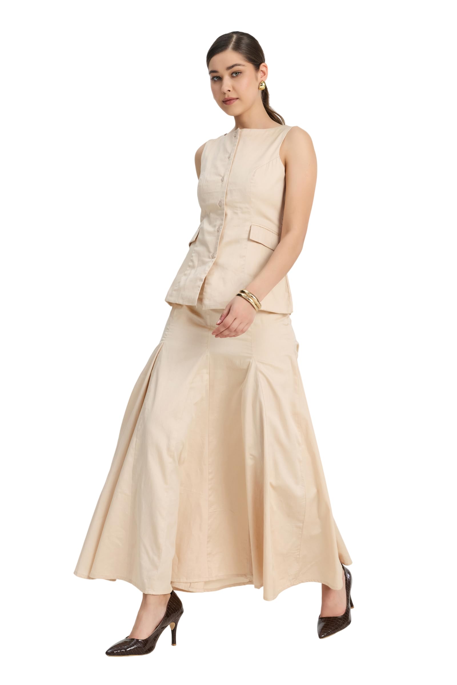 Beige Formal Waistcoat for Women | Sleeveless Boat Neck, Front Button Closure, Flap Pockets, Office Wear-image-16