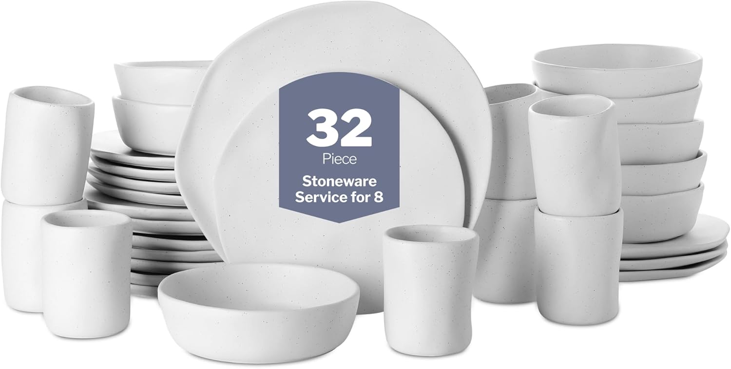 Stone by Mercer Project HEKONDA Modern Debossed Stoneware 32-Piece Dinnerware Set, Plate and Bowl Set, Dish Set for 8, White Speckled