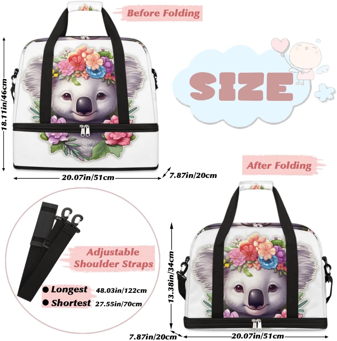 QsirBC Koala Funny Design Gym Bag for Women Duffle Tote with Shoes Compartment Men Weekender Duffel for Dance Travel Sports Swimming Overnight
