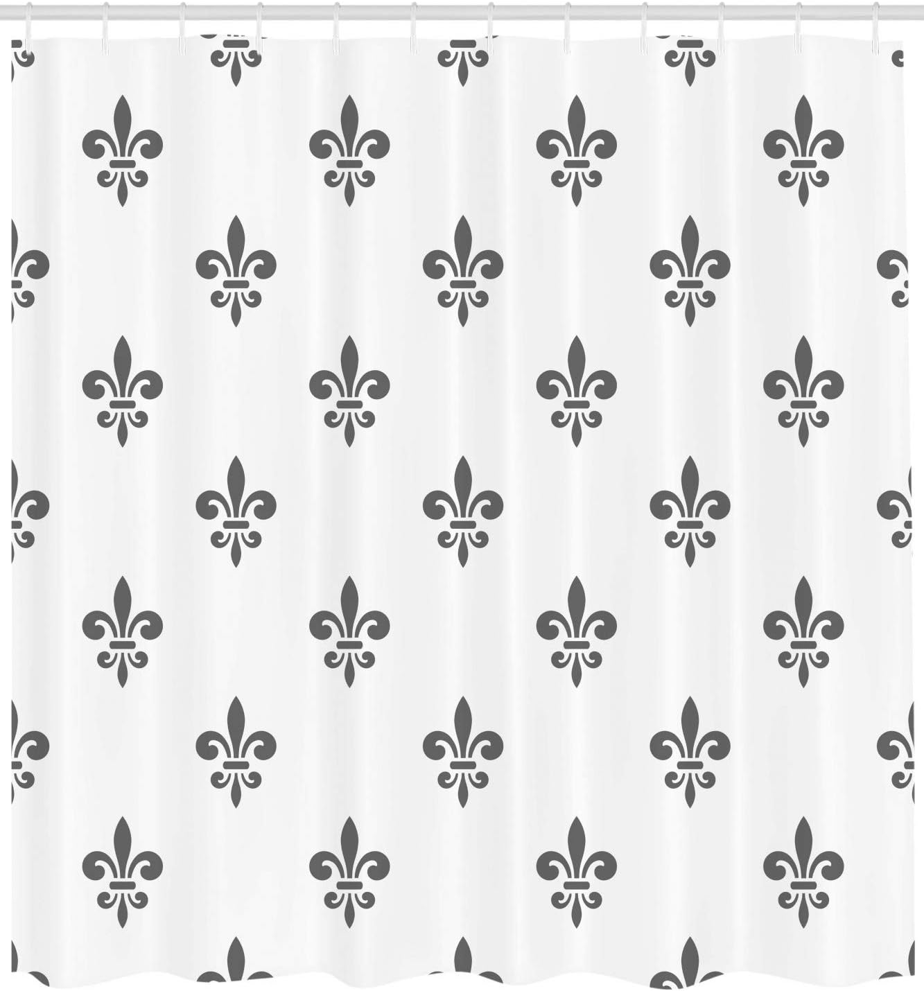 Ambesonne Fleur De Lis Shower Curtain, A Fleur-de-Lis Royal Lily in Simple Old Style and Ornated with Antiquity of Abstract Pattern, Cloth Fabric Bathroom Set with Hooks, 69" W x 70" L, Grey White