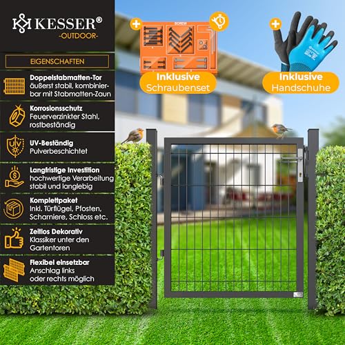 KESSER® Gartentor Premium Gartentür aus Metall verzinktem Stahl, Gartentür für Stabmattenzau Zauntor, Hoftor, inkl. Pfosten mit Schloss Türklinke und Schlüssel, 100 x 106cm Anthrazit
