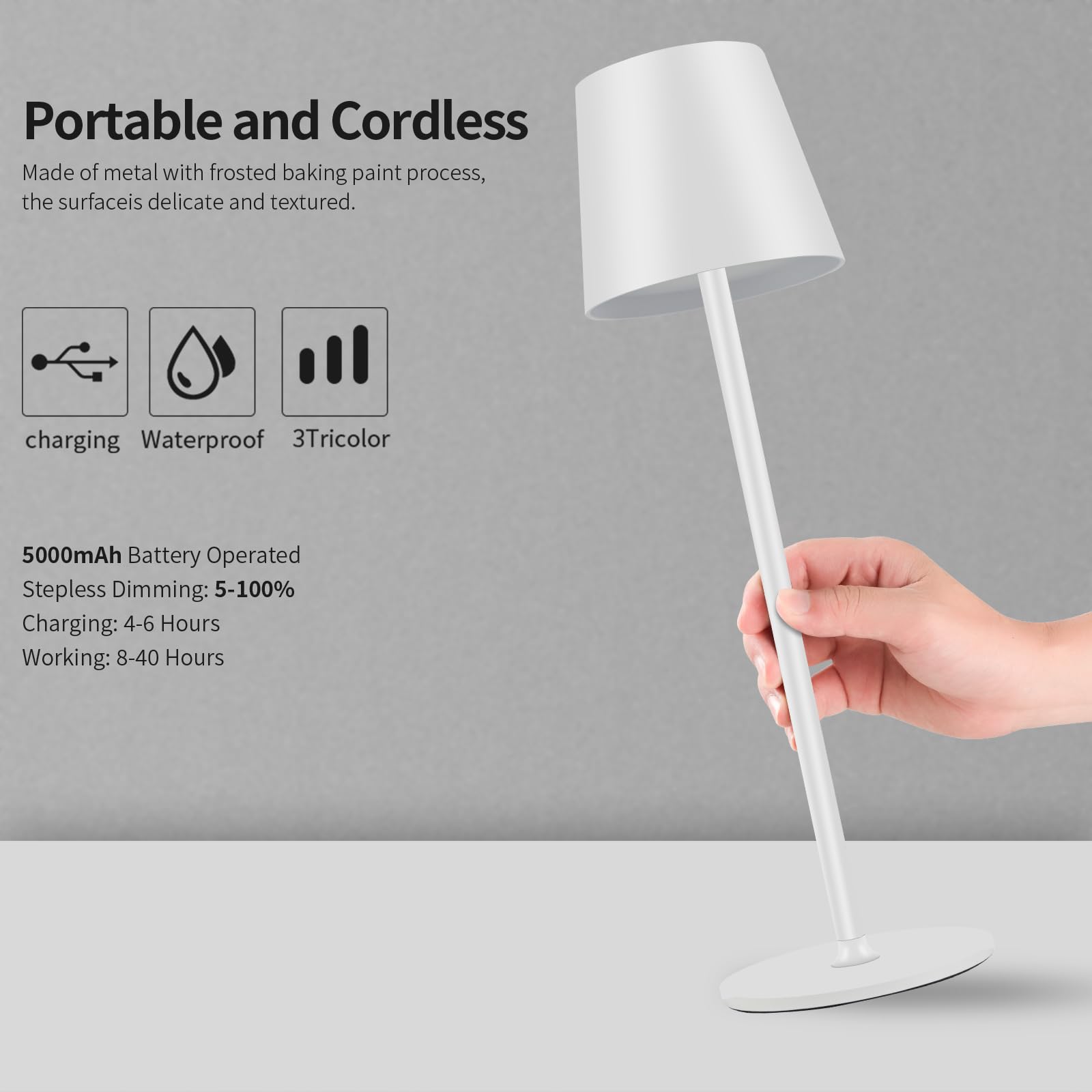 Zoeger 2 pezzi LED dimmerabile lampada da tavolo senza fili, ricaricabile, luce calda 3000 K, lampada da tavolo per interni ed esterni, con USB-C, alluminio, IP54, impermeabile, nero