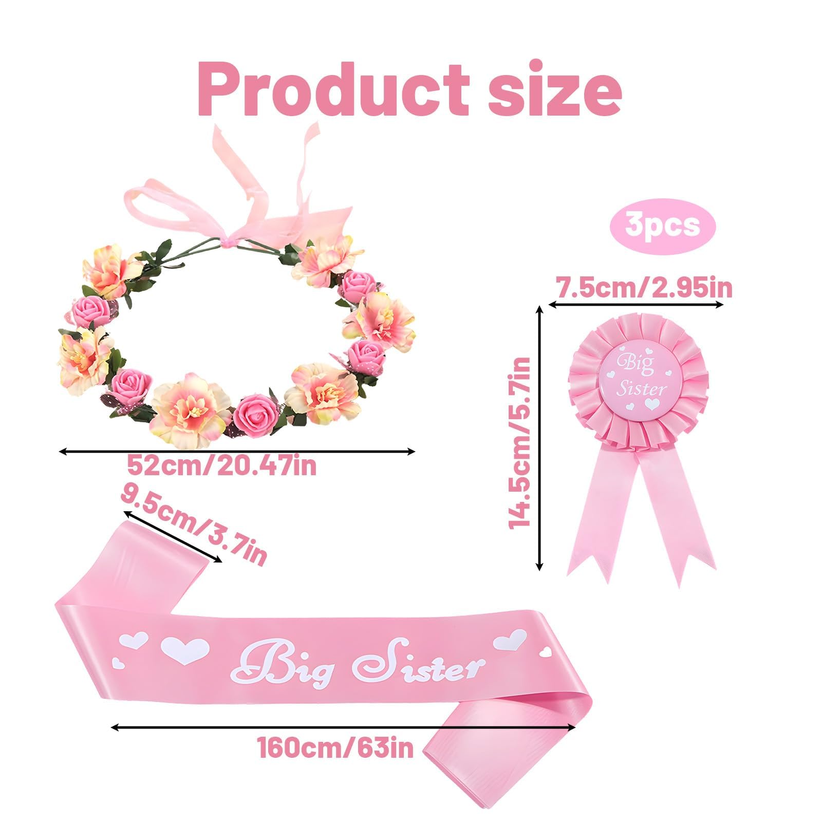 3 PCS Big Sister Gifts, Promoted to Big Sister Accessories with Pink Sash, Badge and Flower Crown - Image 2