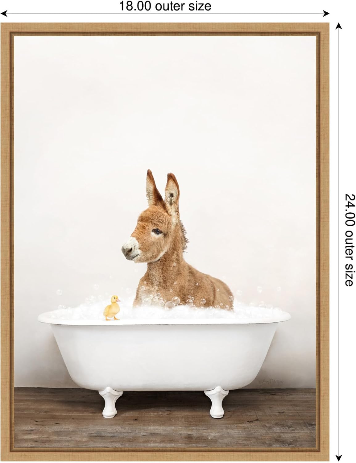 Kate and Laurel Baby Donkey in Rustic Bathtub Framed Canvas Wall Art by Amy Peterson 18 x 24 Sylvie Natural, Whimsical, Animals, Bathroom Art for Wall Decor, Living Room, Bedroom