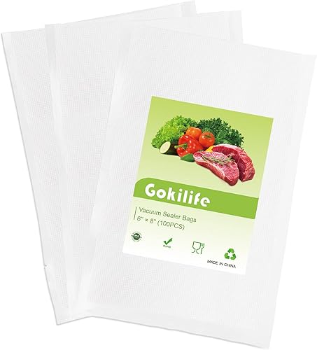 Gokilife Bolsas selladoras al vacío  100 mini pintas tamaño 6 x 8 pulgadas para ahorro de alimentos, bolsas precortadas de grado comercial sin BPA y