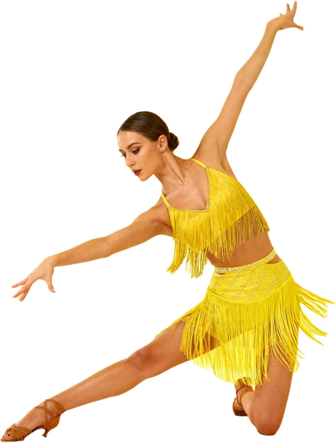 Shinsto Women Latin Dance Dress Shiny Rhiestones Fringe Skirt Ballroom Salsa Cha Cha Dance Party Dress