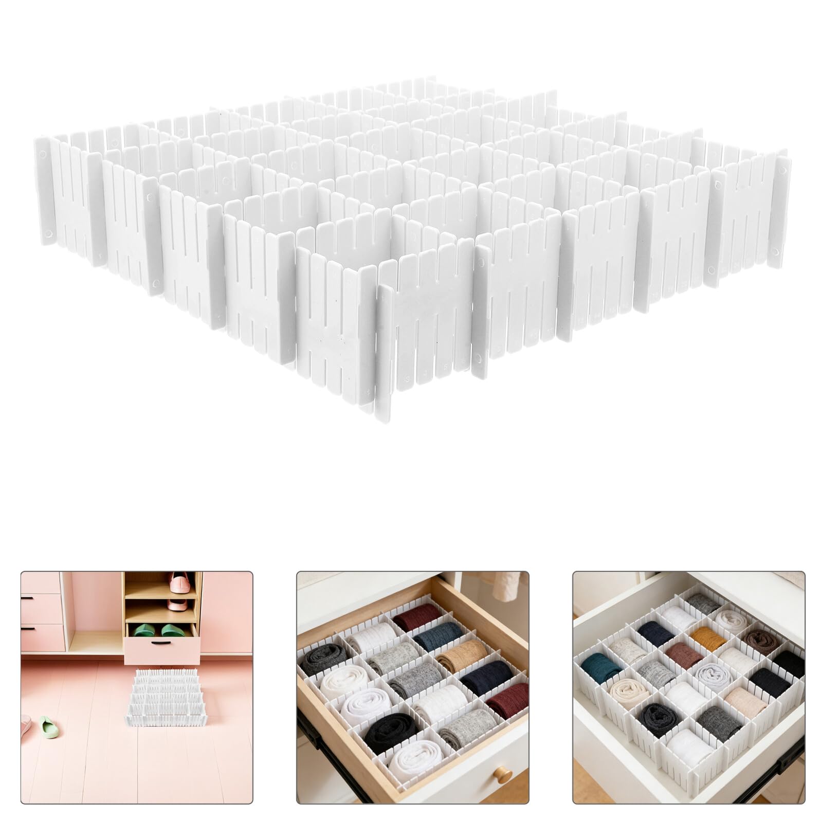 Divisori per Cassetti in Plastica Regolabili 24 Pezzi, Organizer a Griglia per Cucina, Ufficio e Camera da Letto, Divisori Multifunzionali per Piccoli Cassetti e