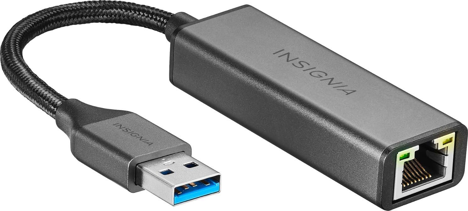 Insignia USB 3.0 to Ethernet Adapter, Plug-and-Play, Supports up to 1 Gbps High-Speed, Silver Black, for Laptop, Desktop