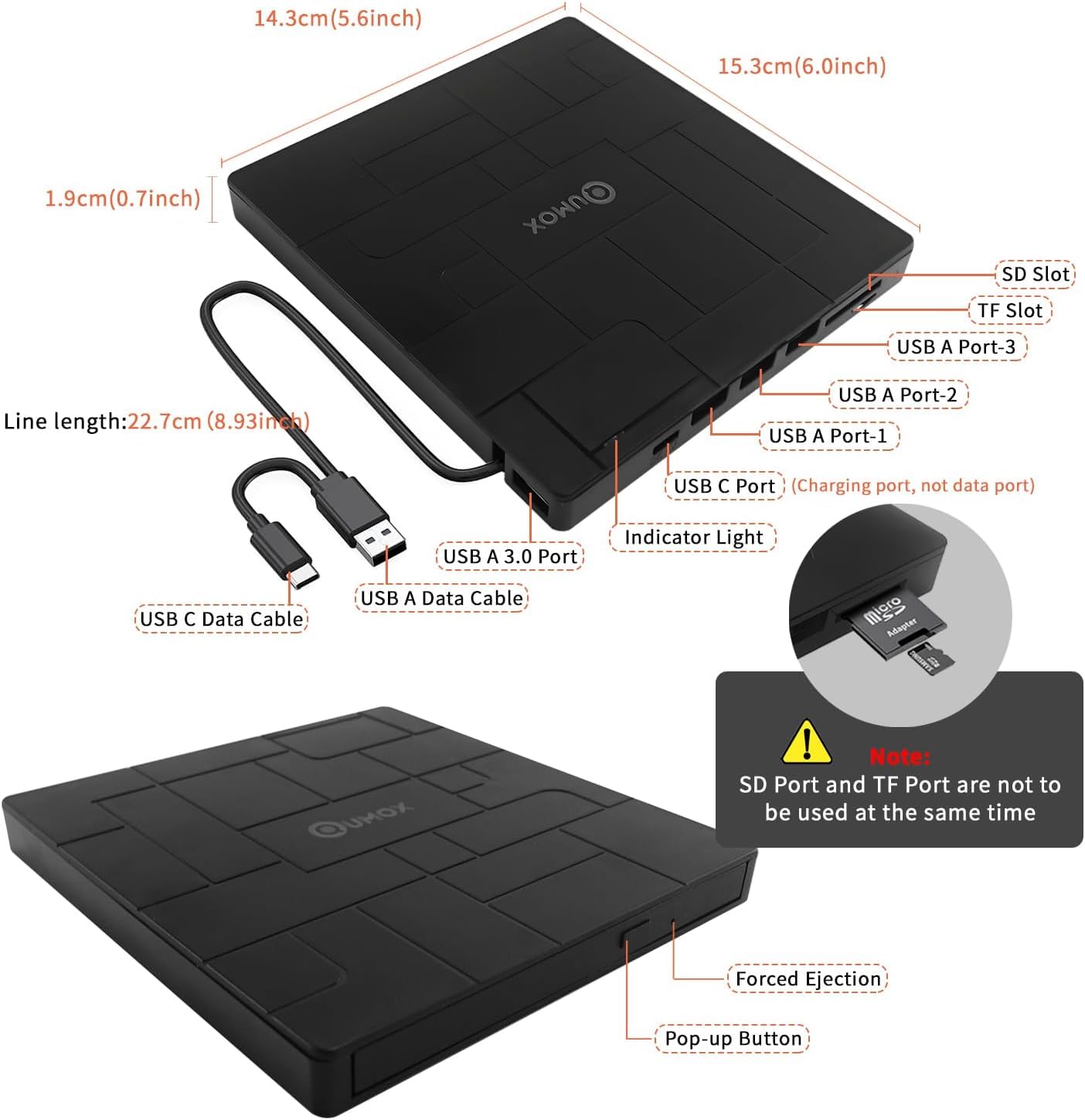 QUMOX Masterizzatore Esterno DVD/CD 8-in-1 USB 3.0 con USB-C, 3 Porte USB, Lettori Schede SD/TF, Masterizzatore Slim per Laptop, Windows 11/10/8/7, Linux, Mac OS