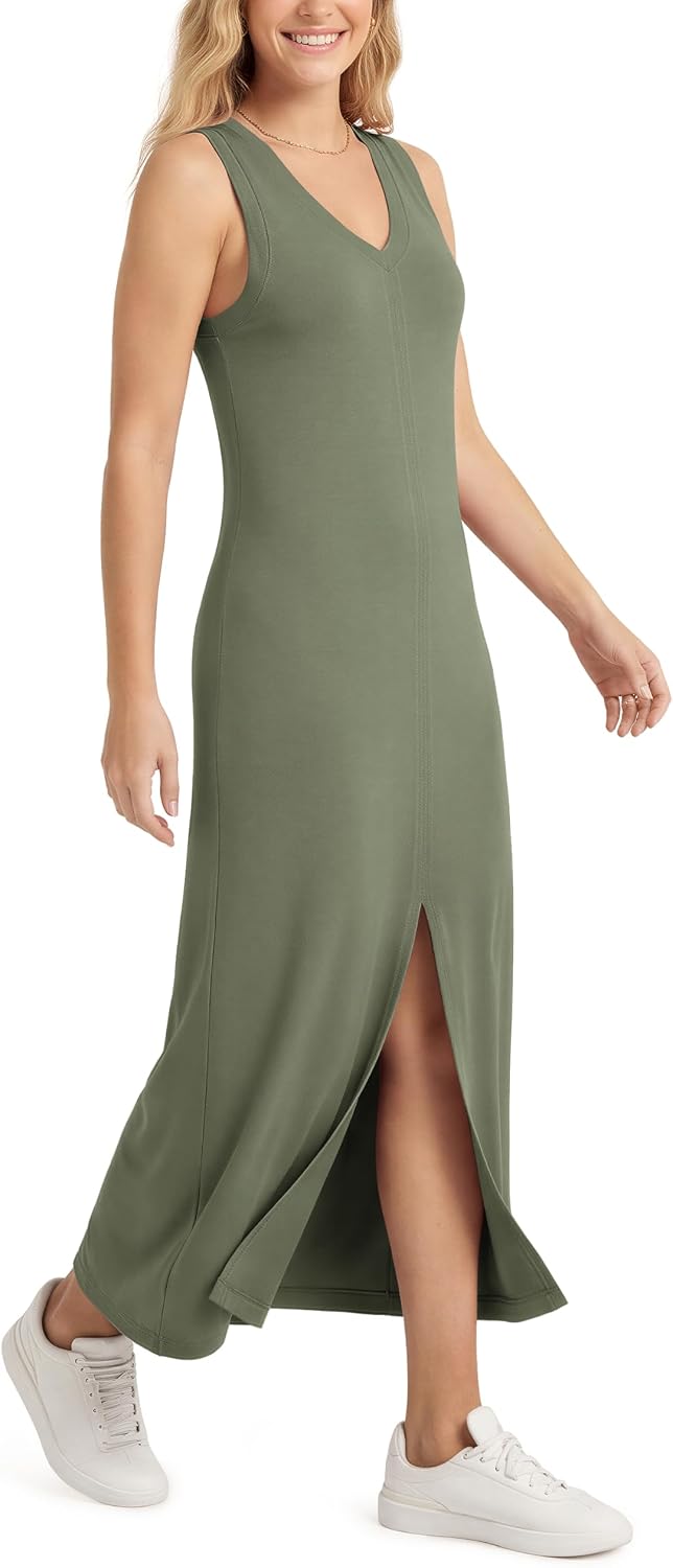 ODODOS Modal Soft Front Split Midi Dress for Women, V Neck Sleeveless Casual Summer Tank Dress