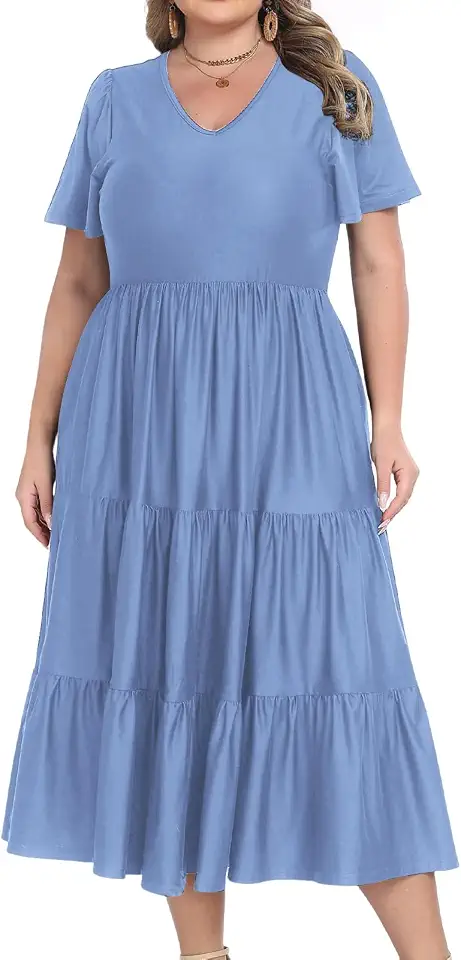 Vestido Largo Curvy con Volantes y Escote en V para Mujer