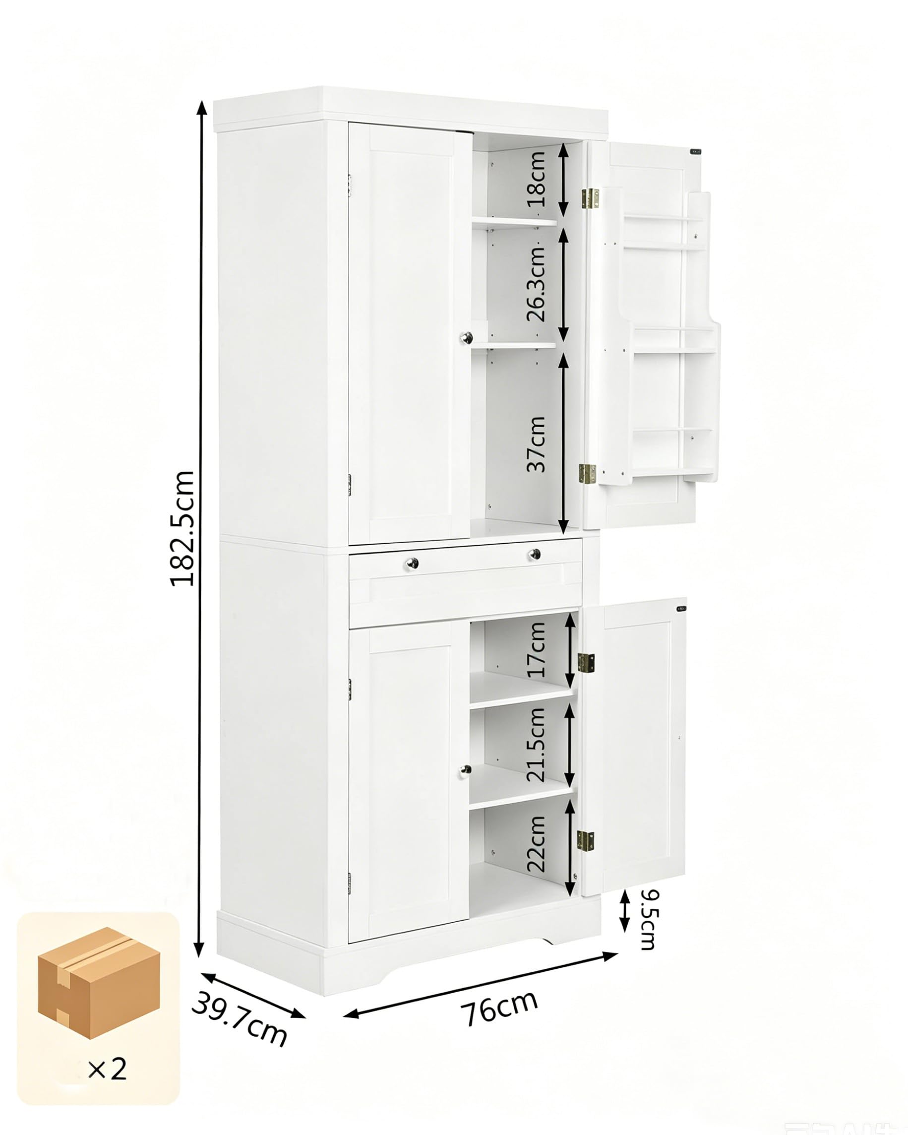 Credenza Cucina Alta, Mobile Dispensa Alto 4 Ante e Cassetti con Ripiani Regolabili e Portaspezie sulla Porta, Colonna Bagno Alta e Stretta per Salvaspazio, 76x40x182cm