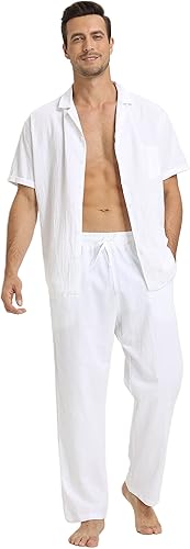 Miniatura 2 de RPOVIG Conjunto de camisa de lino conjunto de 2 piezas de lino para hombre, camisas de manga corta, pantalones de yoga, trajes de playa y boda