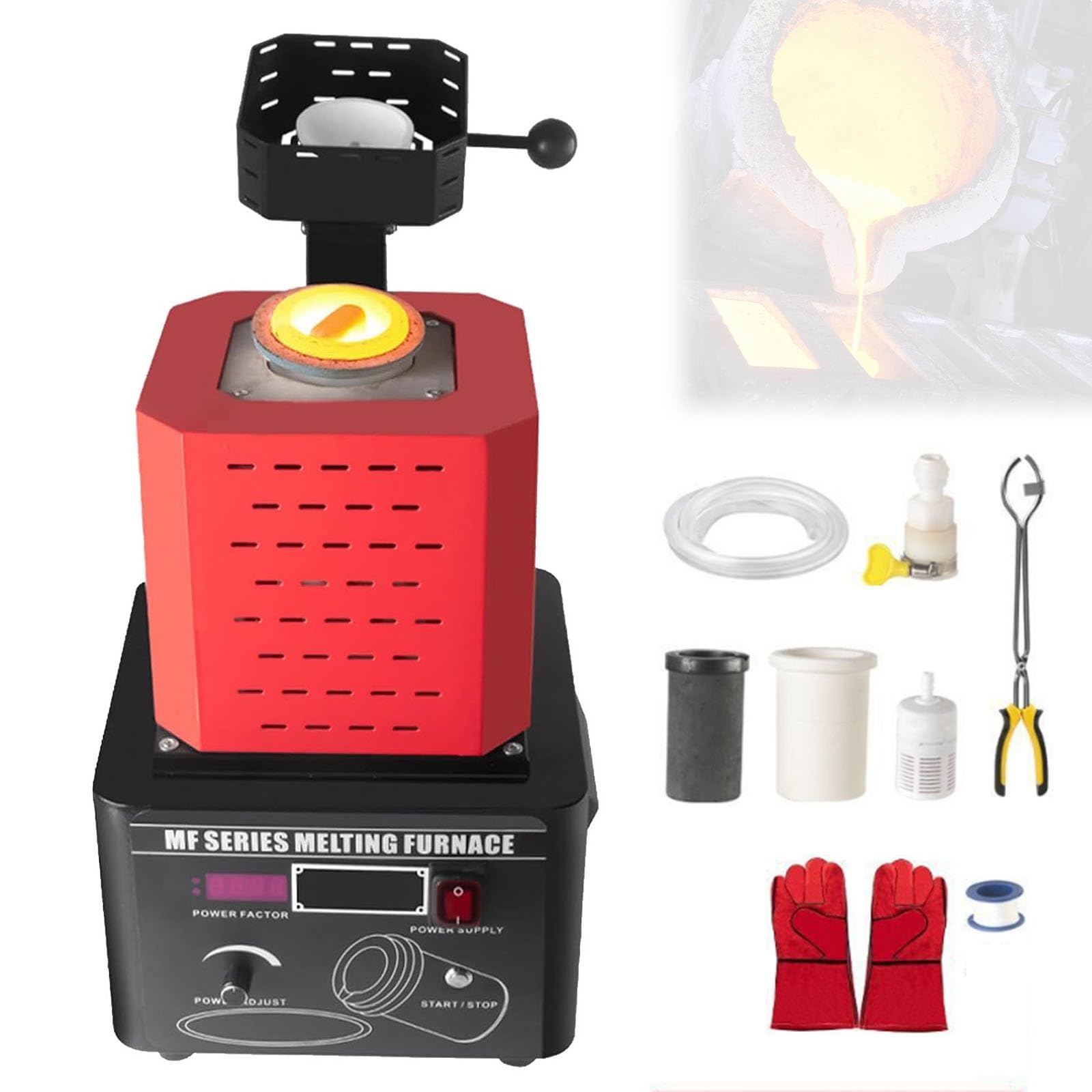 YXYLJOZ 5000W Digital Metal Smelting Furnace Set with Graphite Crucible for Melting Gold, Silver, Copper & Aluminum Scrap, High-Efficiency Metal Melter (Red 3KG)