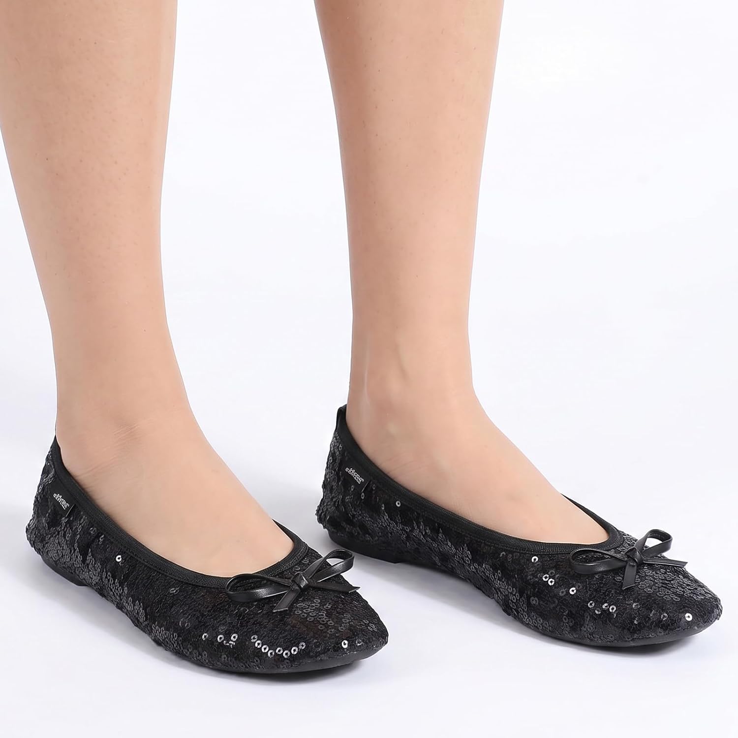 Lusofie Black Sequin Foldable Flats for Women with Zipper Pouch - Foldable Ballet Flats for Women for Travel Office Weddings With Anti-Slip Sole