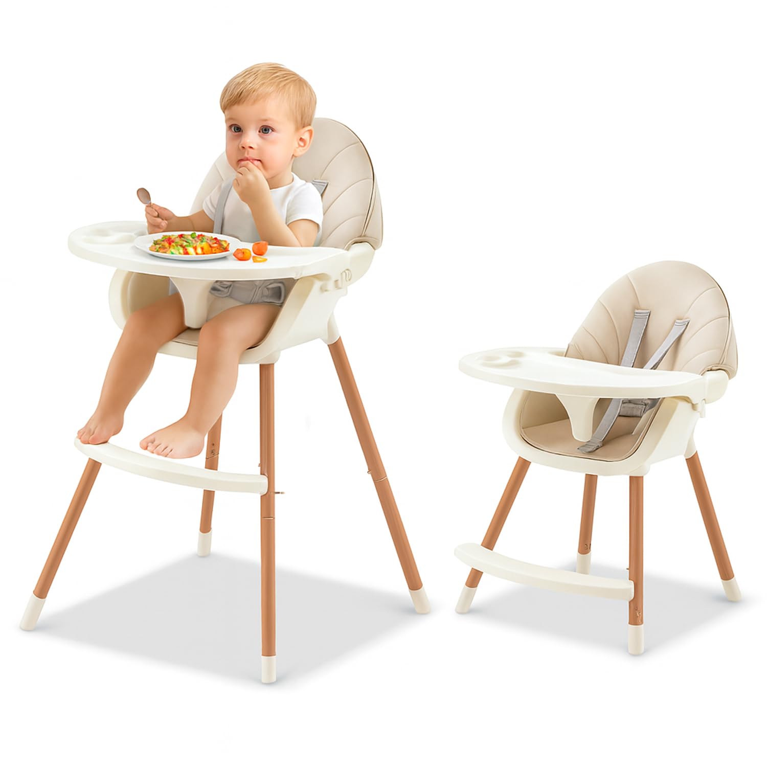AMERTEER Baby High Chair with Wooden Design Removable Tray, Adjustable Legs & Footrest, 3 in 1 Toddler Food Chair Grow Your Child with Toddler High Chair 3 Point Safety Belt