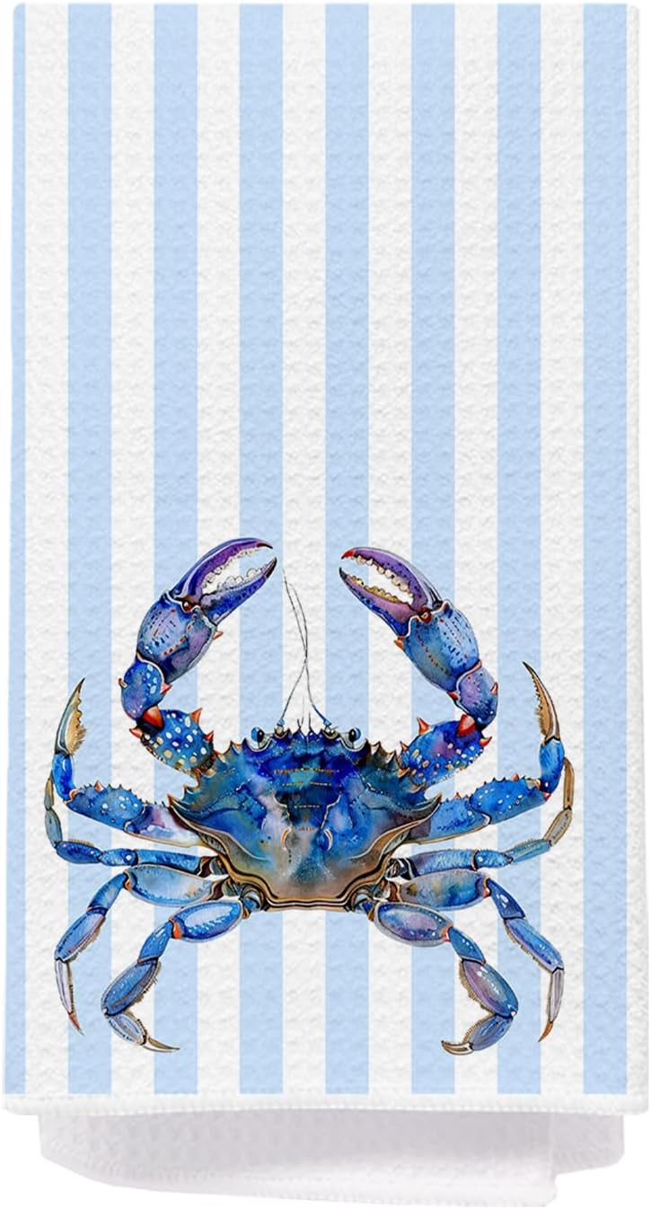 Blue Crab Martini Beach Coastal Kitchen Hand Towels 16x24 | Coastal Beach Ocean Blue Striped Decorative Dish Hand Tea Towels for Bathroom Kitchen Decor and Gifts