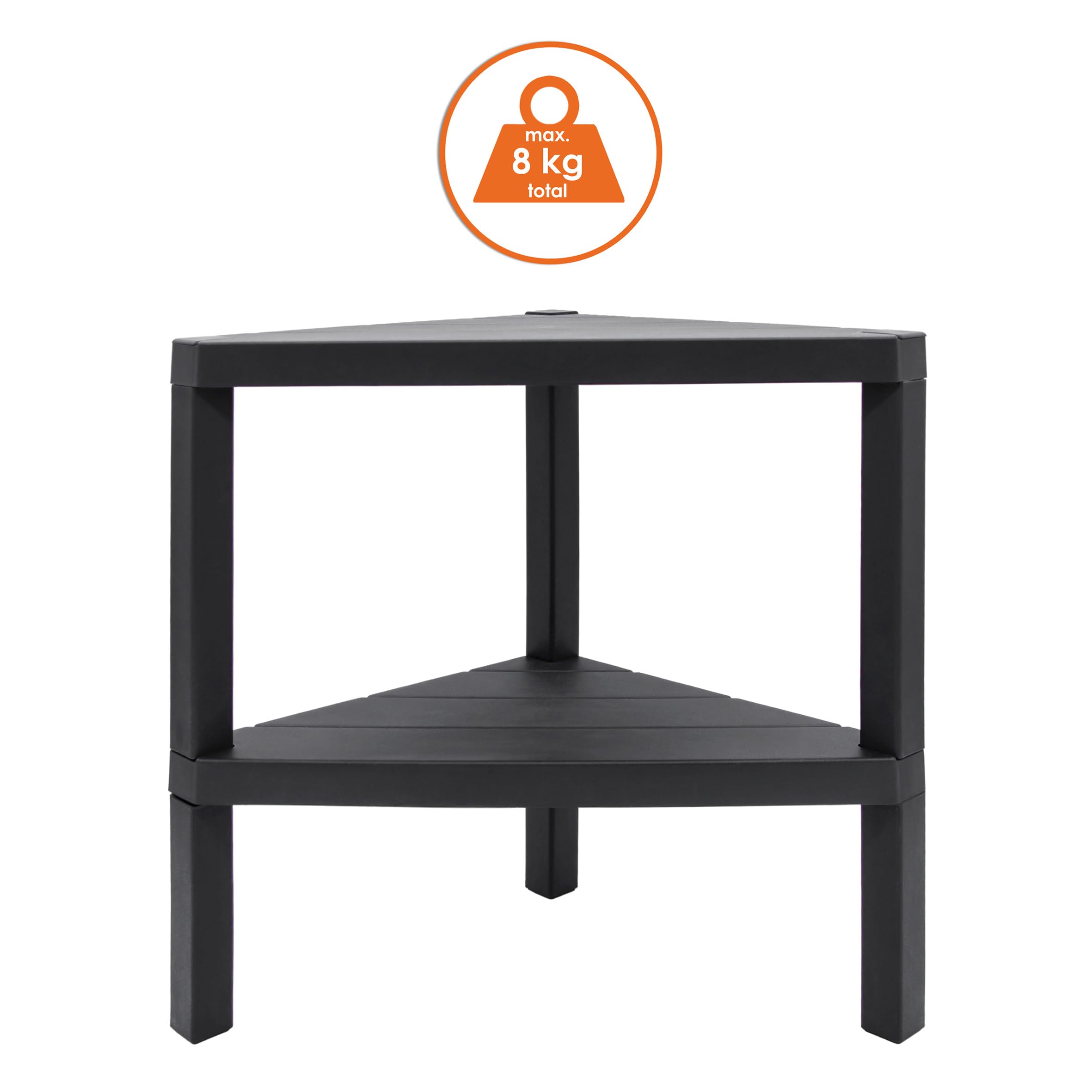 Spetebo Mesa auxiliar de plástico triangular en antracita, 46 x 45 cm, estantería esquinera pequeña con 2 estantes, mesa de centro decorativa, balcón, mesa de noche, balcón, estantería