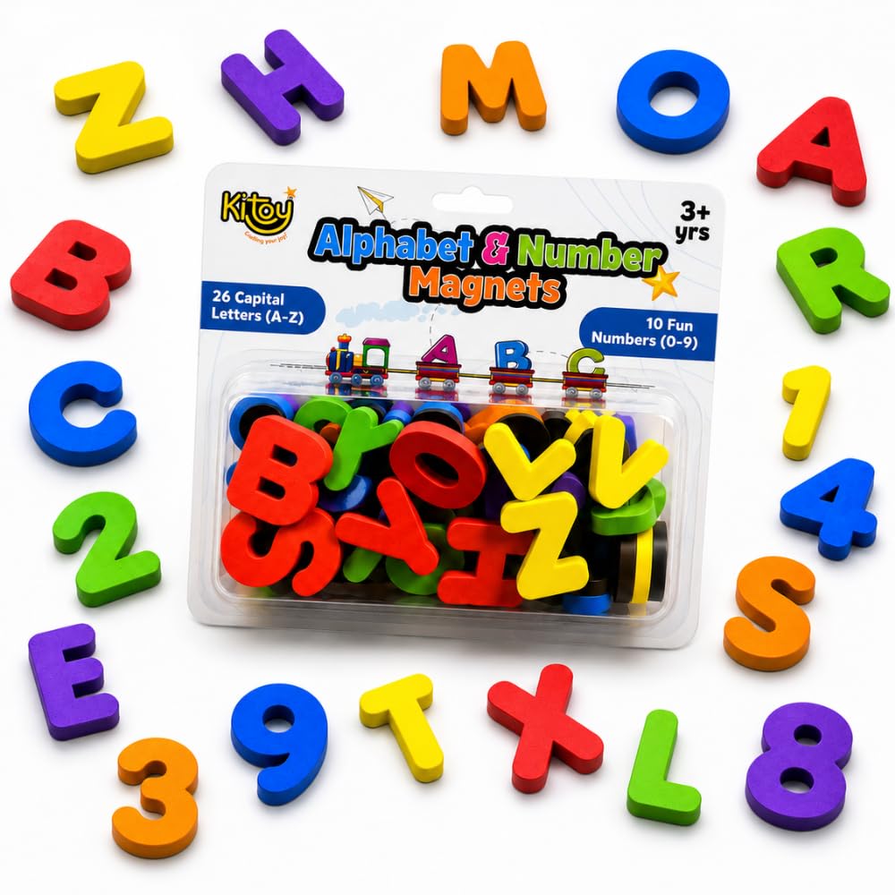 KITOY Alphabet and Number Magnets - 36 Total Magnets | 26 Upper Case Alphabet and 10 Number Fridge Magnets | Colorful ABC Educational Toy Set Preschool Learning Spelling & Counting 4