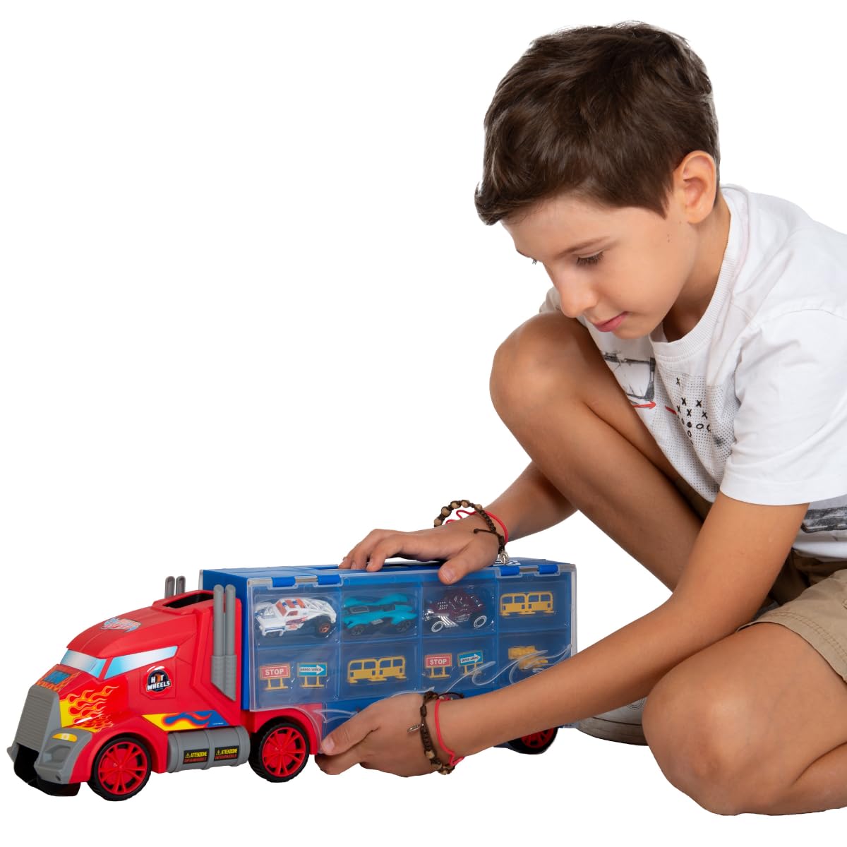 ODS 42034 Hot Wheels Transporter 50, Valigetta Bisarca con 4 Auto Originali, blu
