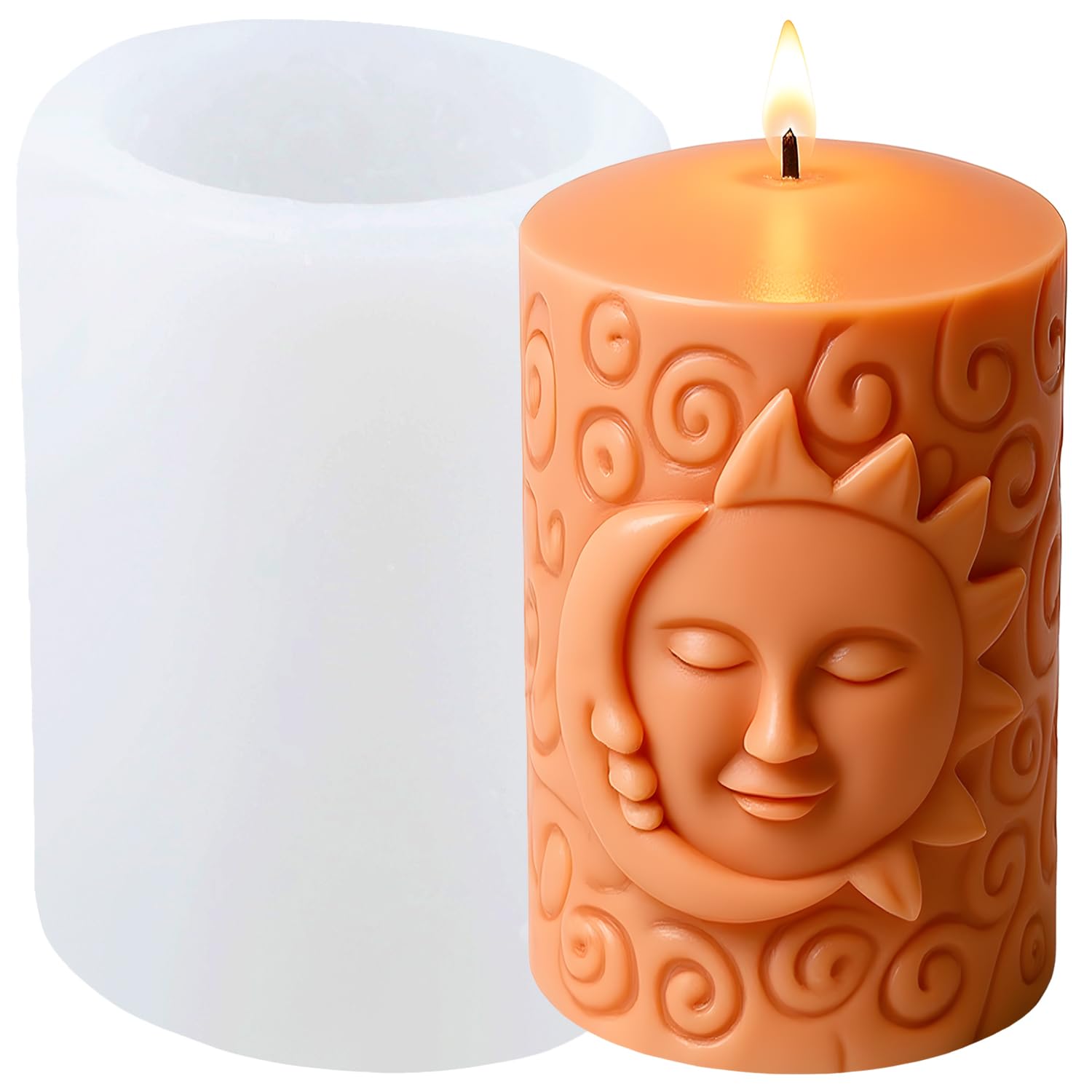 XIAOSHUI Moon and Sun Face Pillar Candle Mould Moon and Sun Face Cylinder Candle Silicone Mould for Candles Making Resin Casting Aromatherapy Candles Wax Polymer Clay Home Decoration