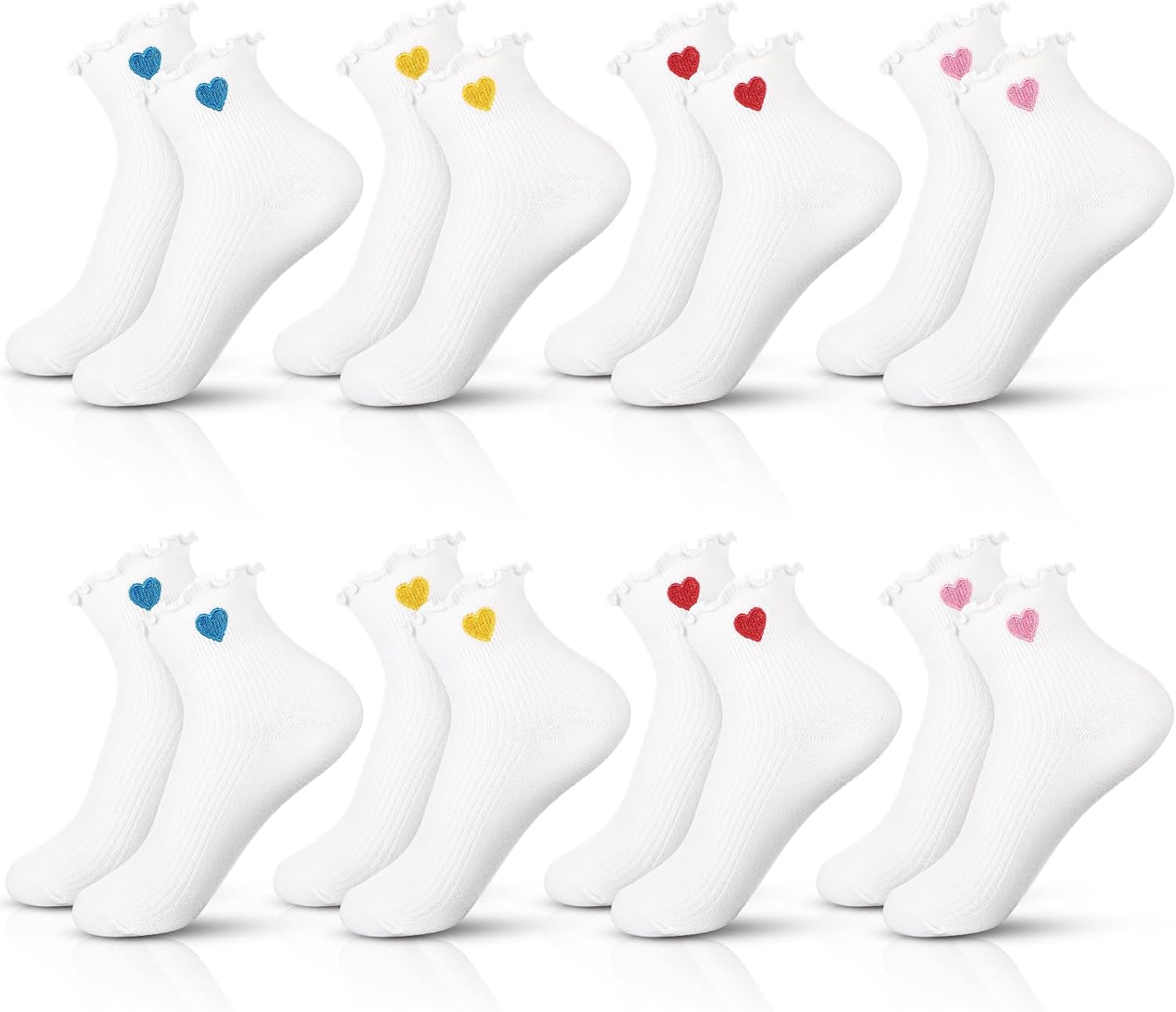 Cutecrop 8 Pairs Women's Heart Ruffle Socks Ankle Crew Cotton Socks Cute Heart Design, Breathable Soft, Gifts for Women Mother