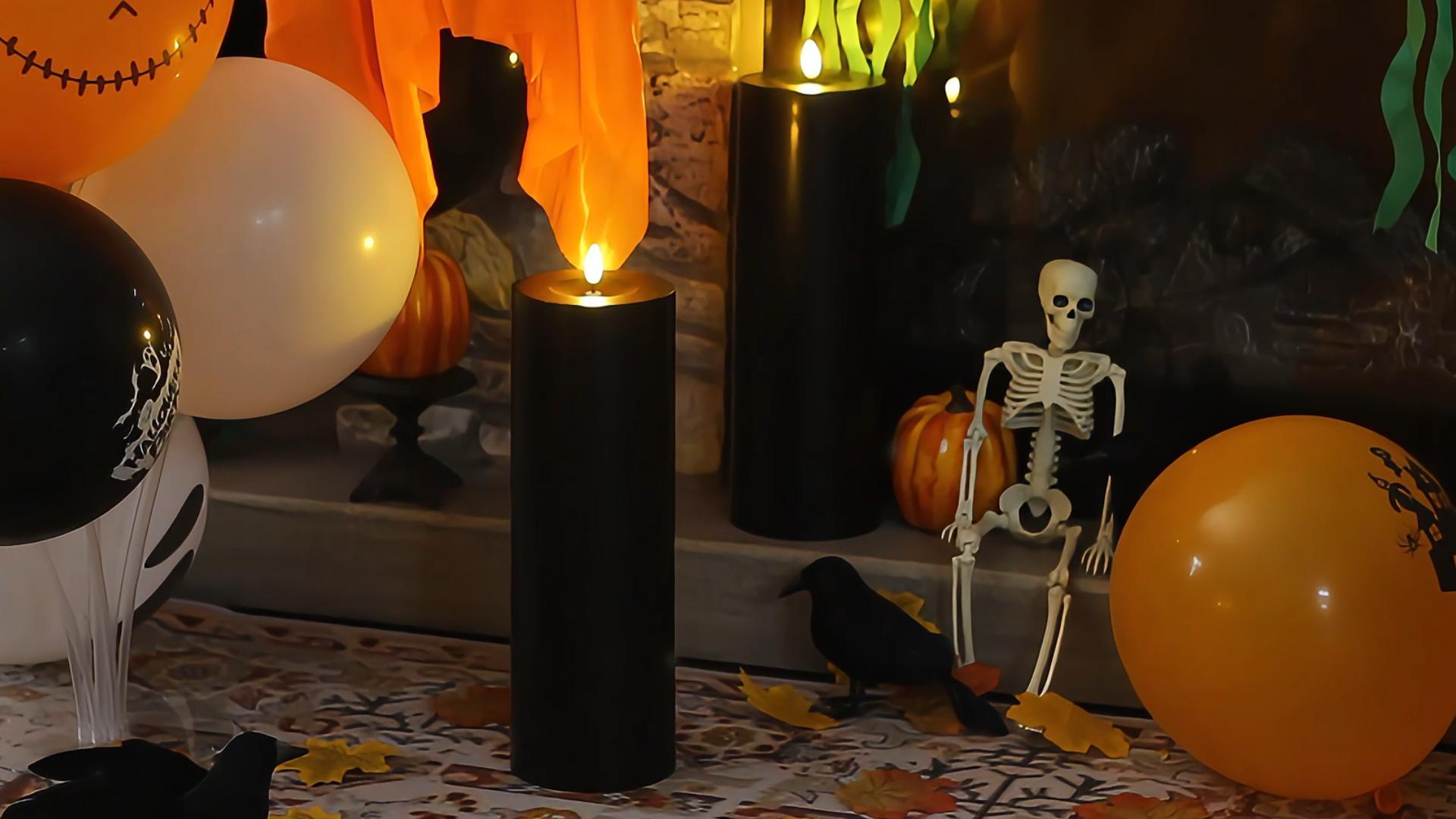 Image of Waterproof 4 inch x 12 inch Flameless LED Remote Candles, Battery Operated Flickering Fake Timer Pack of 2 Tall Large Plastic Black Pillar Lasting 420 Hrs Outdoor Candles for Halloween Festival