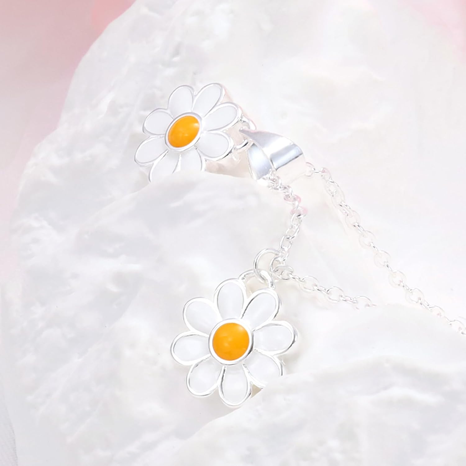 Daisy Necklace Sterling Silver White Enamel Flower Pendant Necklace Sunflower Chain Charm Link Double Daisy Hypoallergenic Floral Jewelry for Beach Birthday Women Summer - Image 2