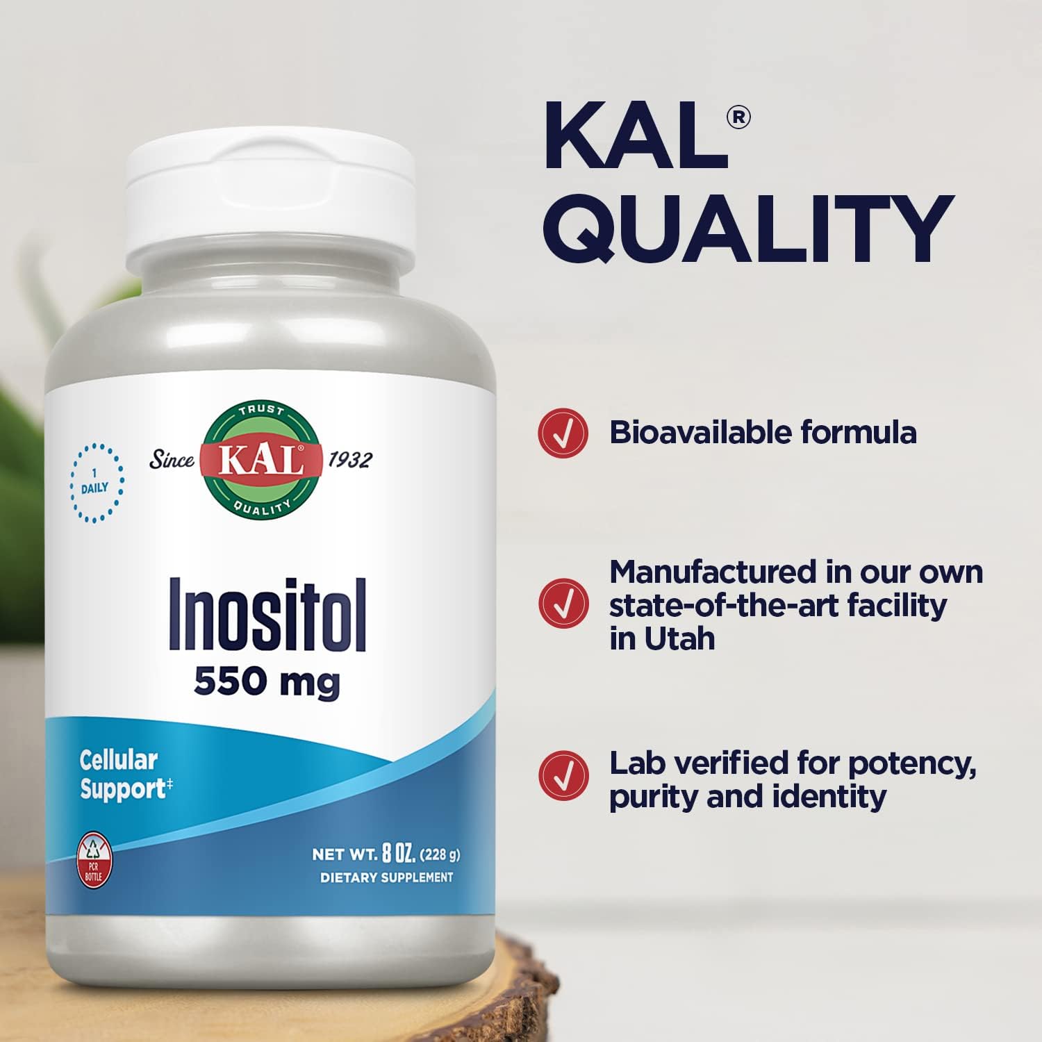 KAL Inositol Powder 550mg, Brain Health, Nervous System & Mood Support Supplement, Cellular Health Support, Enhanced Absorption Formula, Easy to Mix, Approx. 408 Servings, 8oz