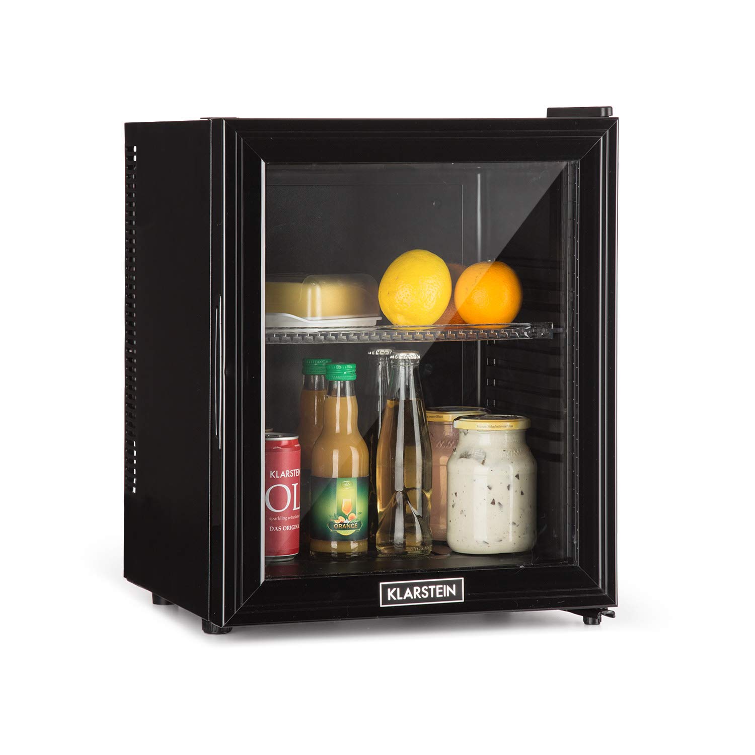 KLARSTEIN Brooklyn Nevera Pequeña Portatil Eléctrica Puerta Cristal, Mini Nevera Silenciosa para Casa y Oficina, Frigorificos Pequeños Refrescos, Cervezas, Estantes Extraíbles, Minibar 12-18°C, 24 L