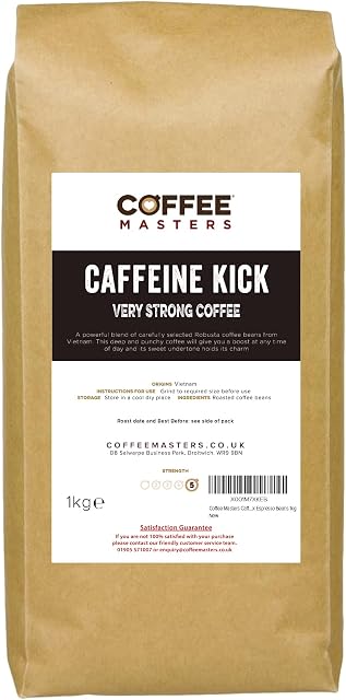 Coffee Masters Caffeine Kick Coffee Beans [1kg Bag] - Whole Robusta Coffee Beans from Vietnam - Ideal for Espresso Machines - Strong Coffee with Bold Intense Flavour and Sweet Undertones