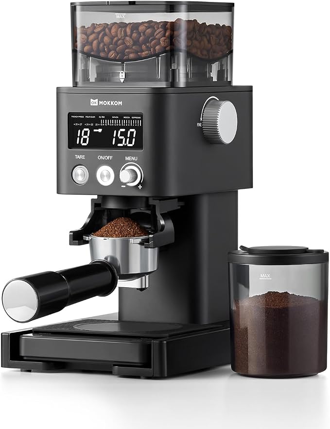 MOKKOM Conical Burr Coffee Grinder with Scale, 31 Settings for