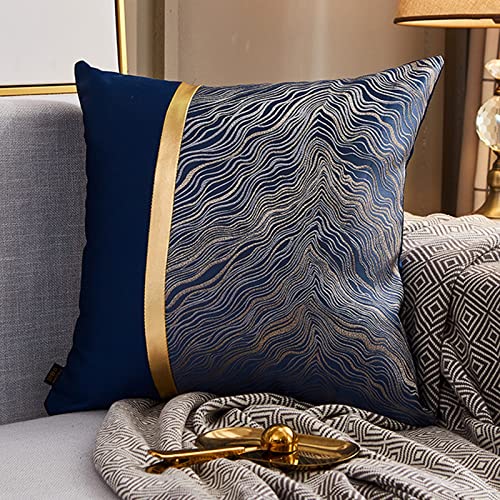 Joralion Luxury Throw Pillow Covers, 18X18 Inch Embroidery Silk Satin Patchwork Leather Abstract Gold Striped, Set Of 2 Luxury Decorative For Couch Sofa Livingroom Bedroom, Royal Blue #TOP1
