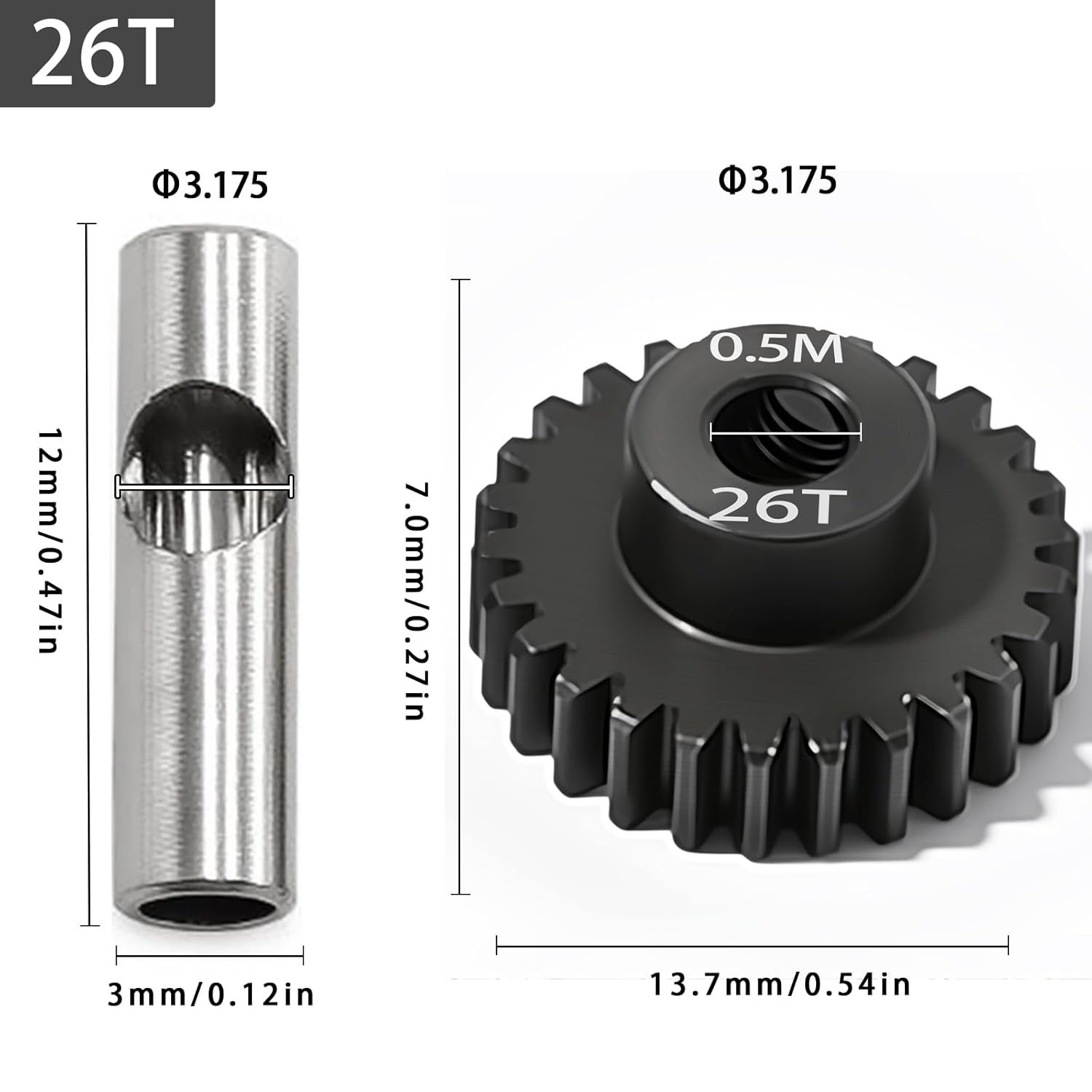 0.5M Pinion Gear 26T Hardened Steel 3.175mm Bore with 2.3mm Adapter, Precision Motor Gear - Image 2