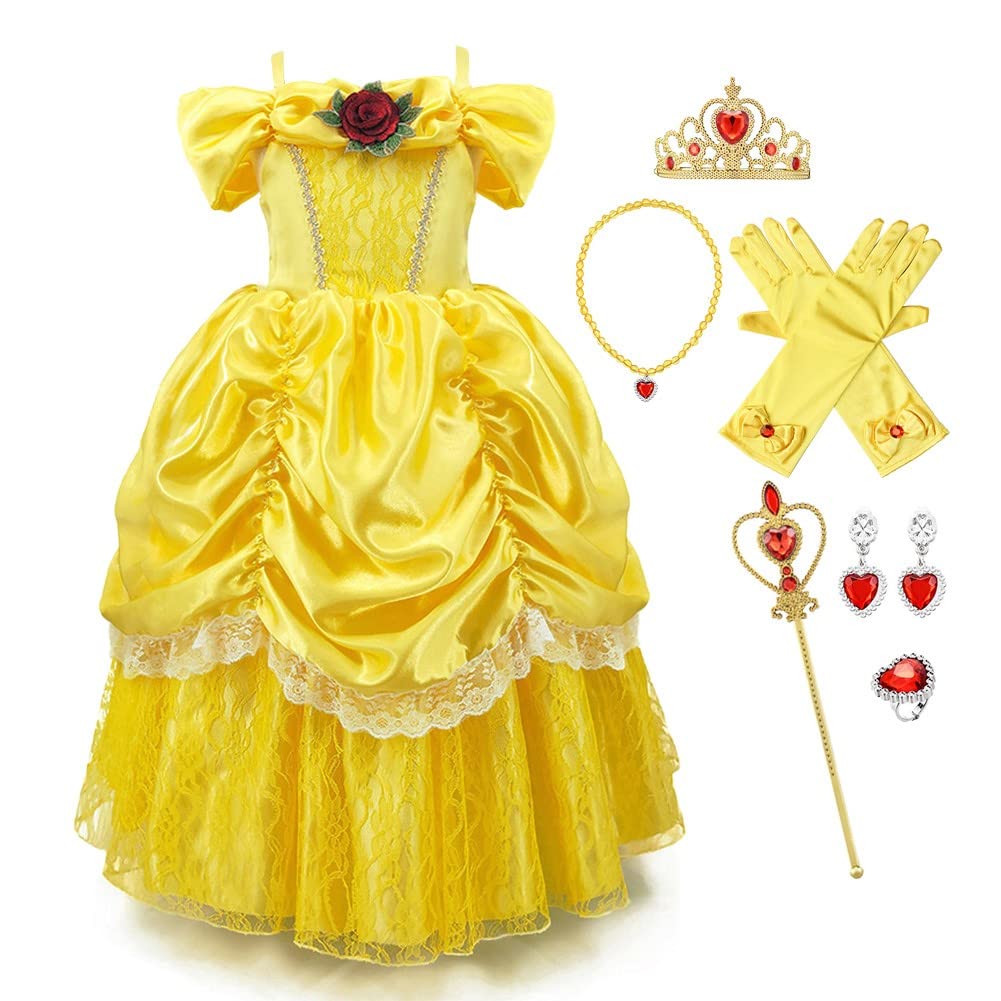FMYFWY Carnival Costume Girls Belle Princess Dress Beauty and the Beast Fancy Dress Up Outfits Halloween Cosplay Party Christmas Wedding Birthday Pageant Tulle Ball Gown Yellow