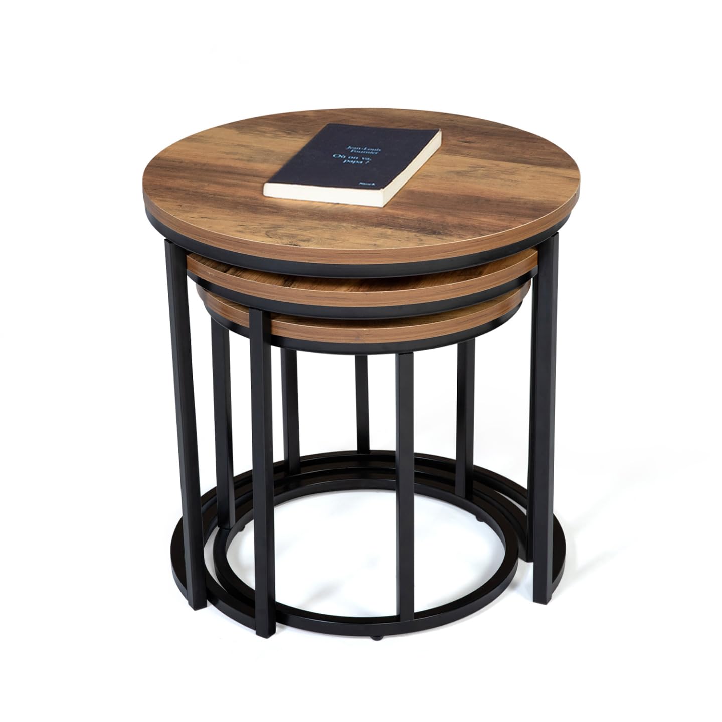 IDMarket - Lot de 3 Tables Basses gigognes Hawkins Rondes 30/40/45 Bois foncé Design Industriel
