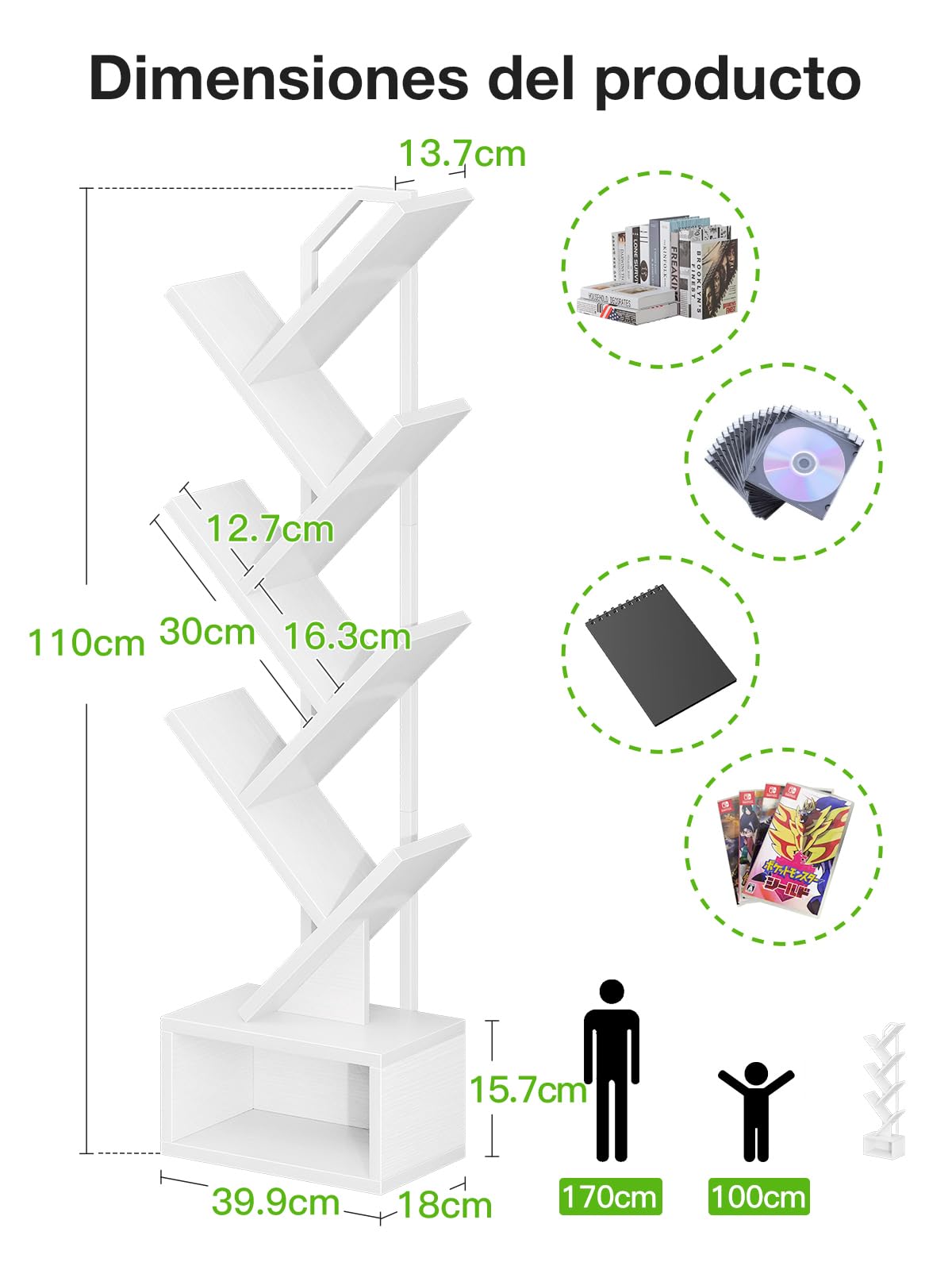 Coleshome Estantería de árbol, Libería de Pie con 6 Niveles, Estantería de Madera Adecuado para Salas y Dormitorios, Blanco