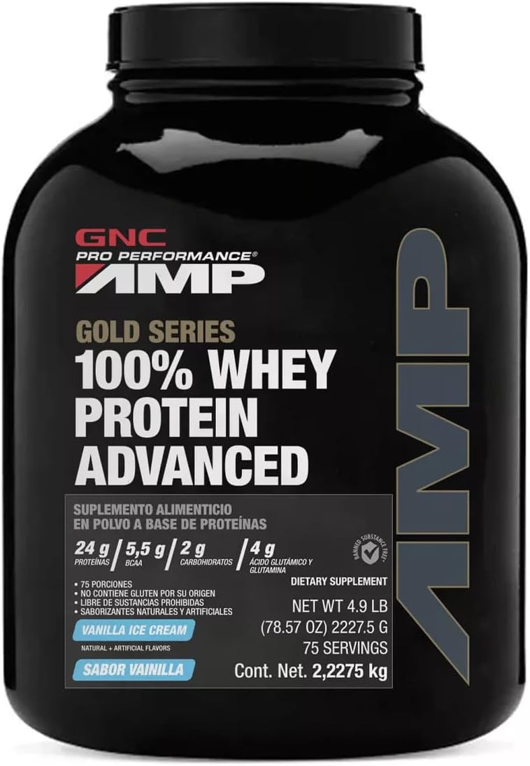 GNC Pro Performance AMP Amplified Gold 100 Percent Whey Protein Advanced Powder, Vanilla Ice Cream, 4.9 Pound